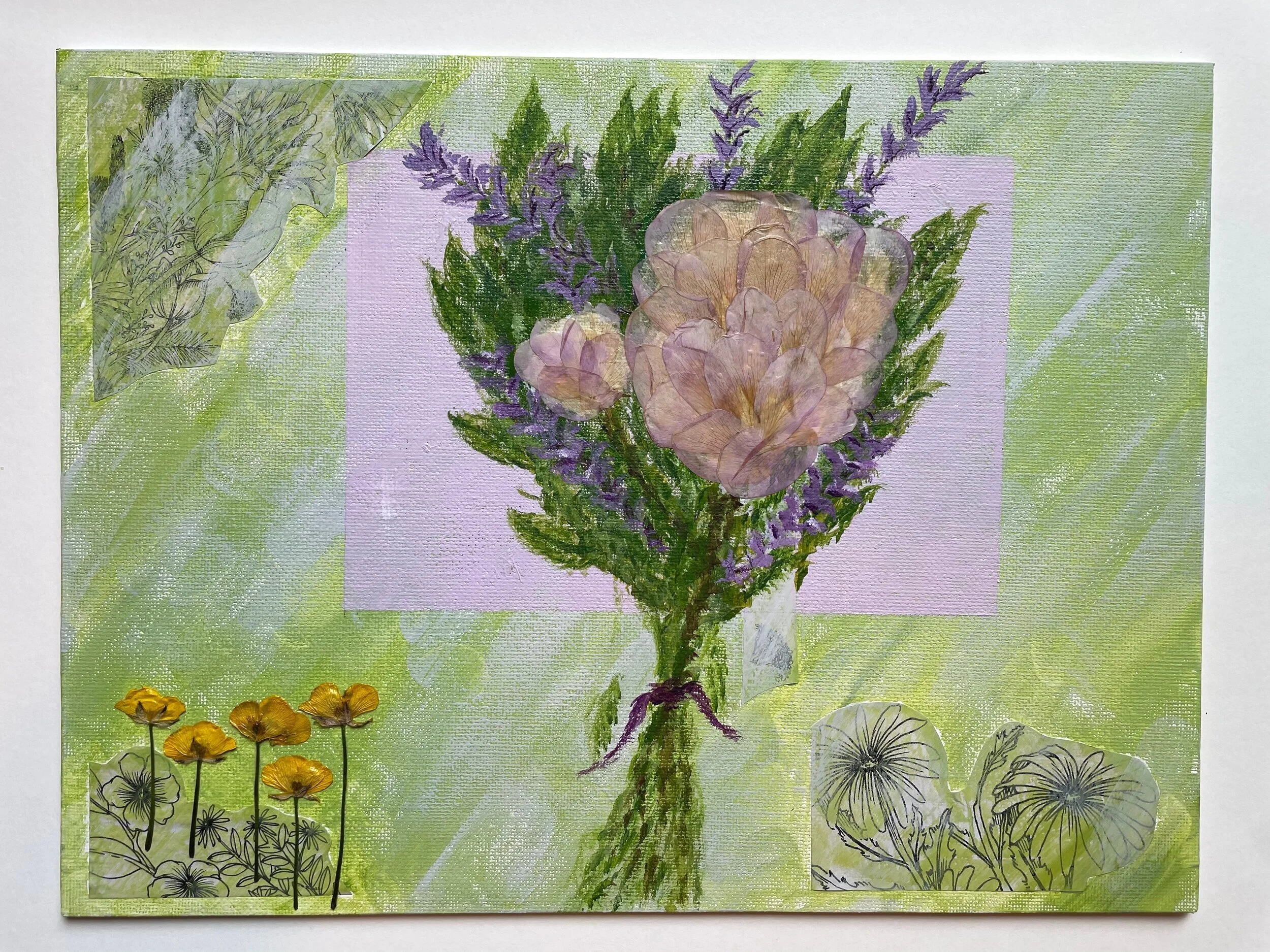 9x12 mixed media on canvas board with creeping buttercup, peony, and rose