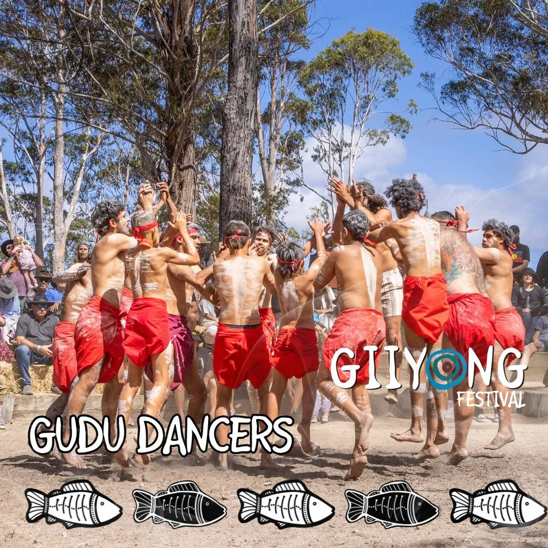 🌊✨ Gudu Dancers at Giiyong Festival! ✨🌊

The Gudu Dancers are a group of men and boys from Bermagui and Wallaga Lake Koori Village on the Far South Coast of NSW. Gudu means 'sea' and members of the group all have a special connection with the ocean