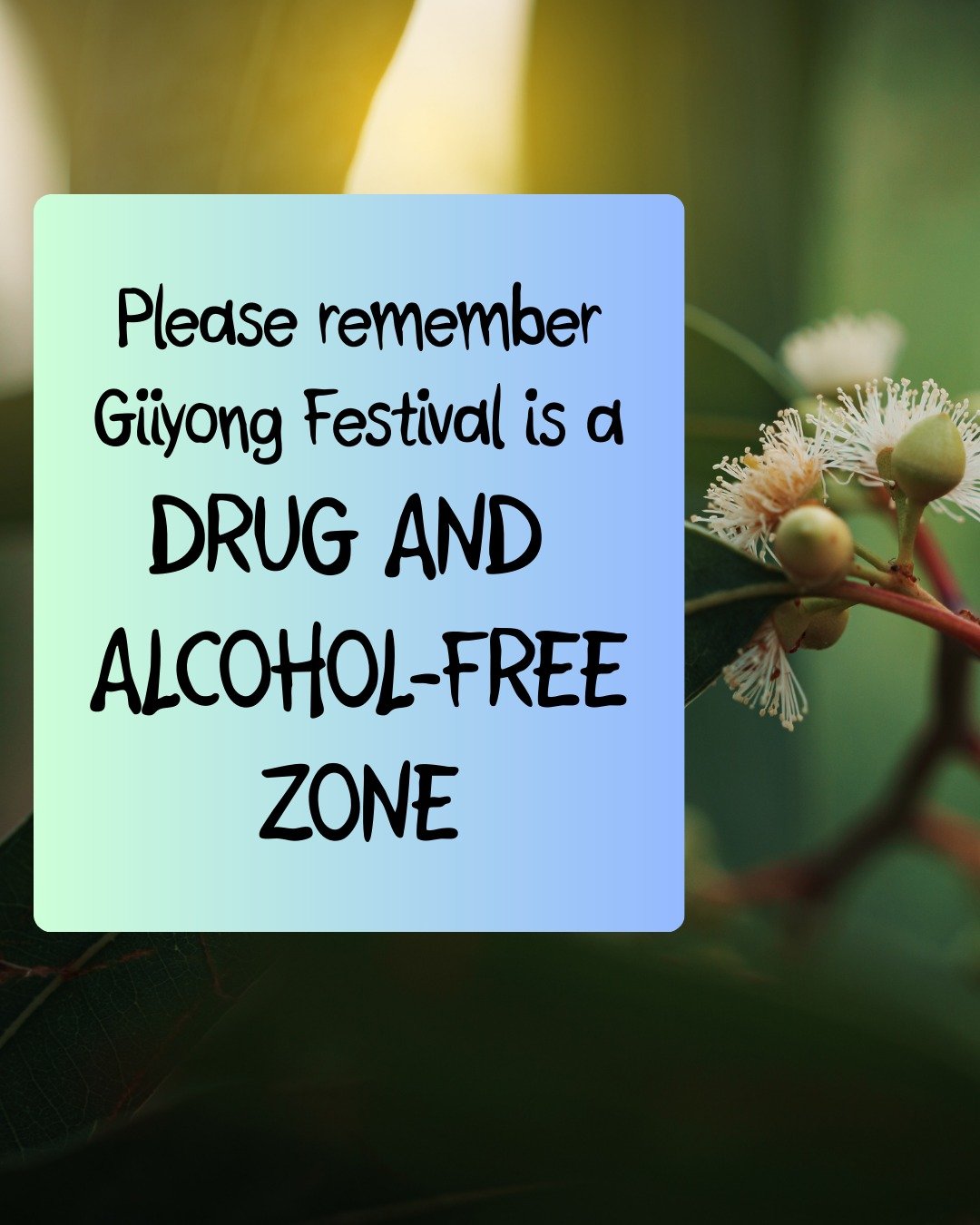 GIIYONG FESTIVAL is a drug and alcohol-free zone. Please respect management's decision to keep the venue and event a safe place for everyone. Random bag searches may occur and are a condition of entry.