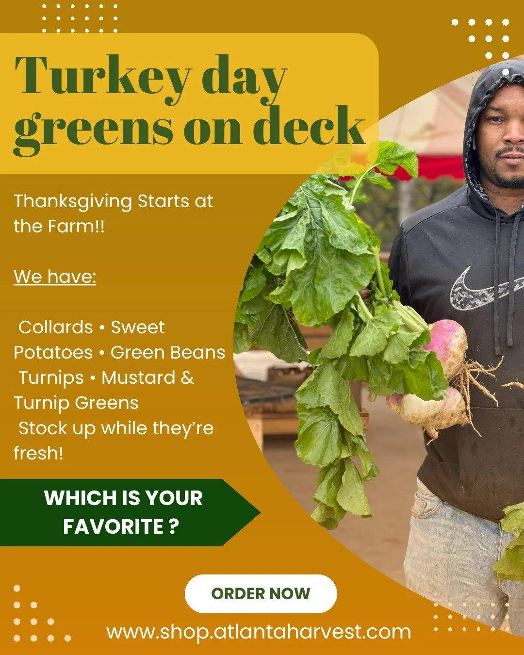Turkey Day is creeping up fast, and the farm is STACKED for the feast.
Huge collards, tender turnip greens, sweet potatoes, crisp green beans &mdash; all fresh, all local, all ready for your table.

Alright, let&rsquo;s have some fun&hellip;
Which gr