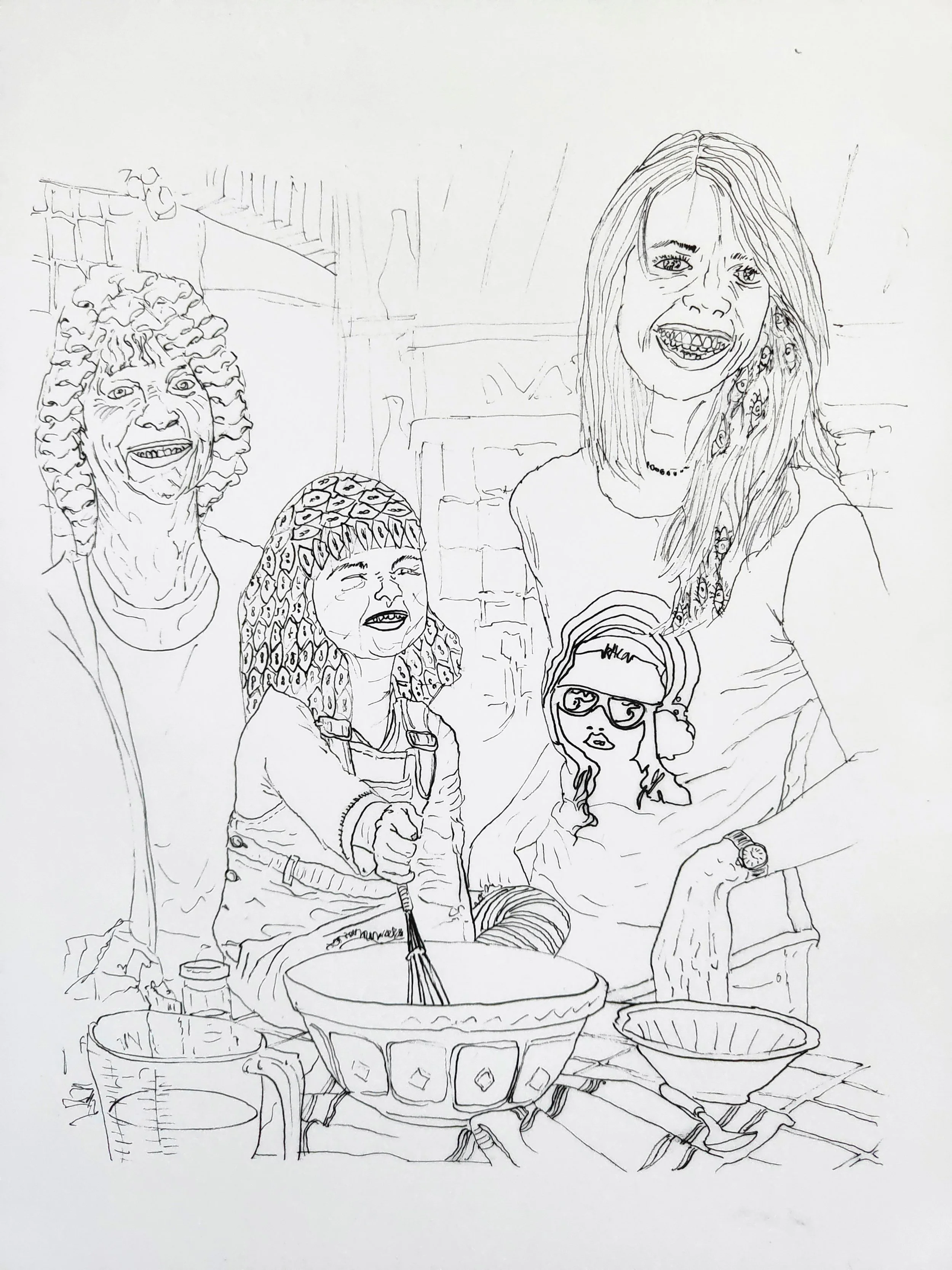 Line drawing of five people, three women and two children, sitting around a table with bowls, glasses, and bottles. One woman has long hair with some flowers, another has curly hair, and a third has short hair. The children are wearing glasses and a 