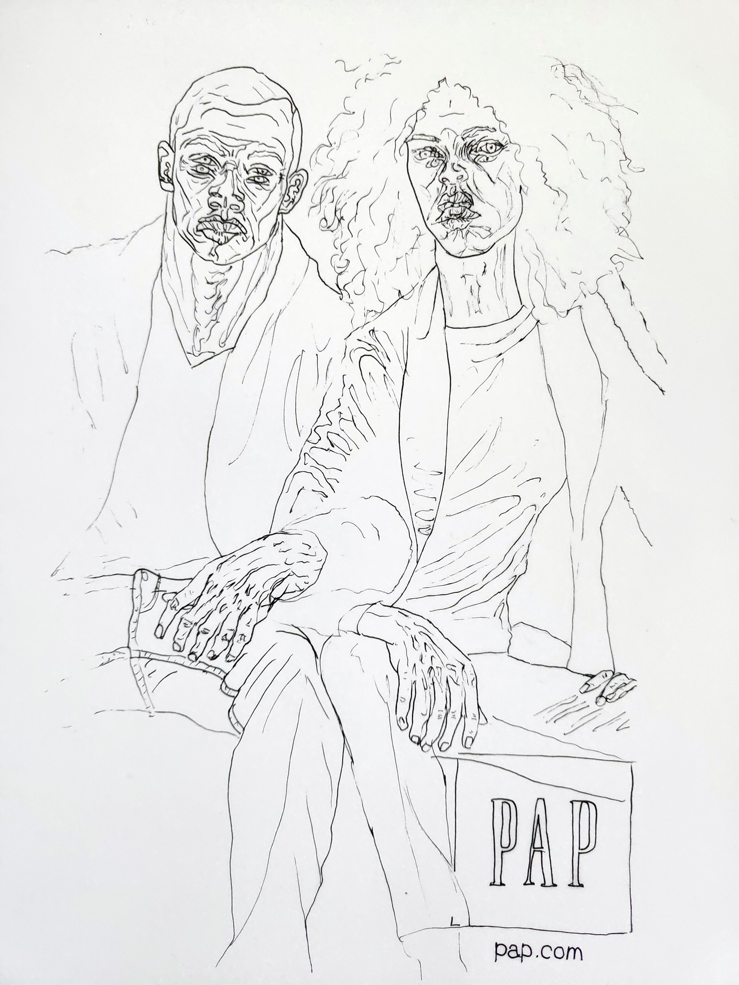 Willcott artwork, line drawing of a man and woman sitting together, with the man holding a cane and the woman showing long curly hair, next to a sign that reads 'DAD P4P' and a website 'pap.com'.