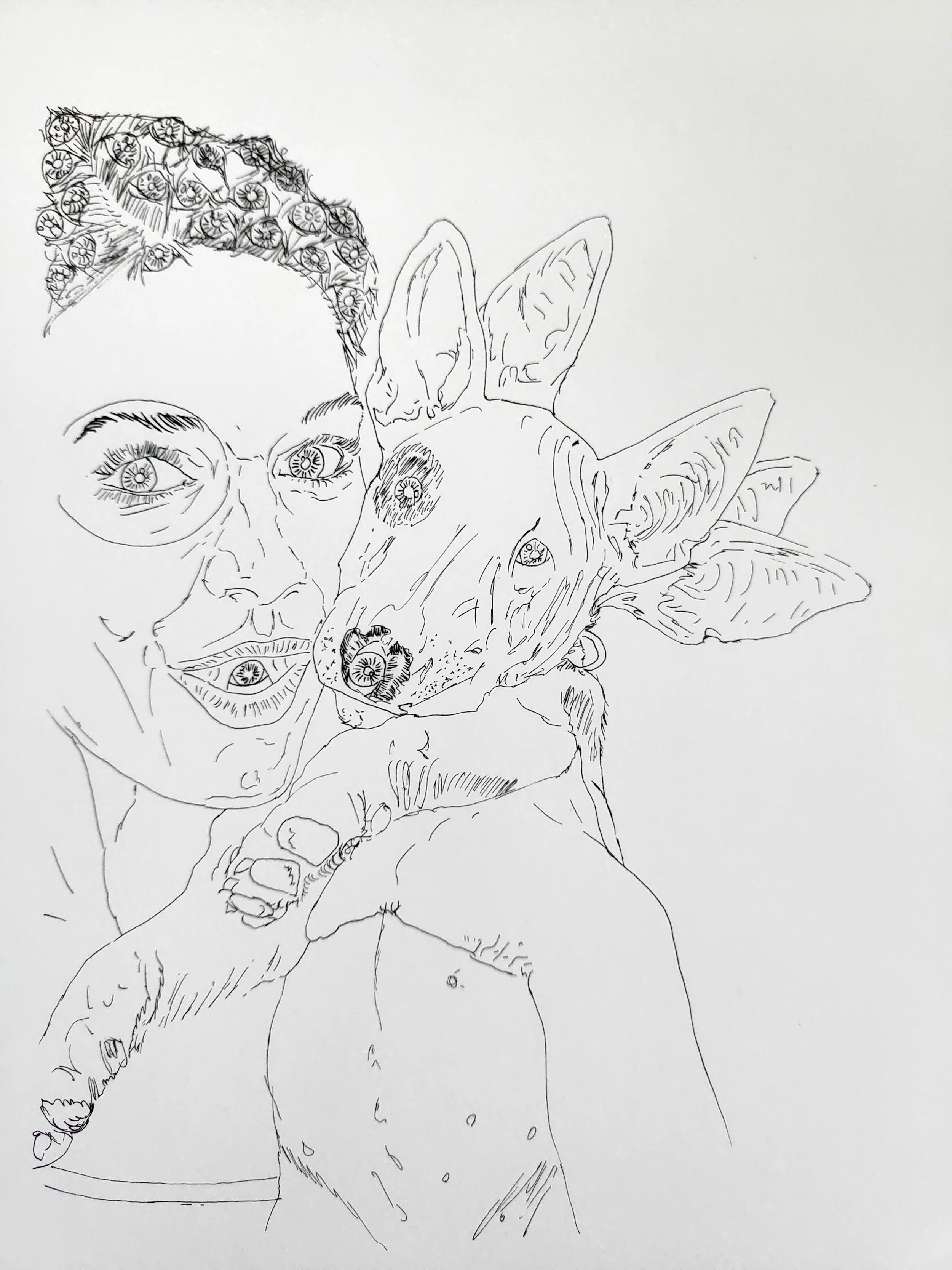 Willcott Synaesthetic artwork of black and white line drawing of a young person with large eyes and short hair, holding a small dog with large ears and a flower in its mouth. The person is partially visible and the focus is on their face and the dog.