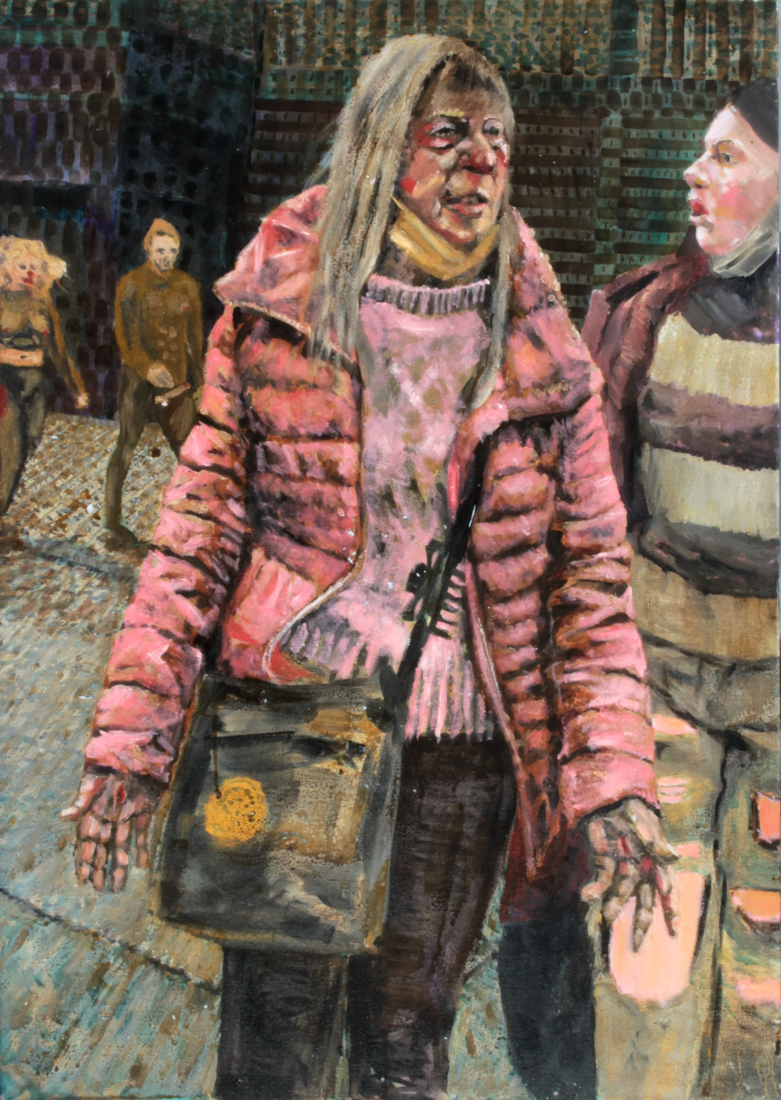 Painting of two people standing outdoors, with additional figures in the background, featuring a textured, patterned backdrop.