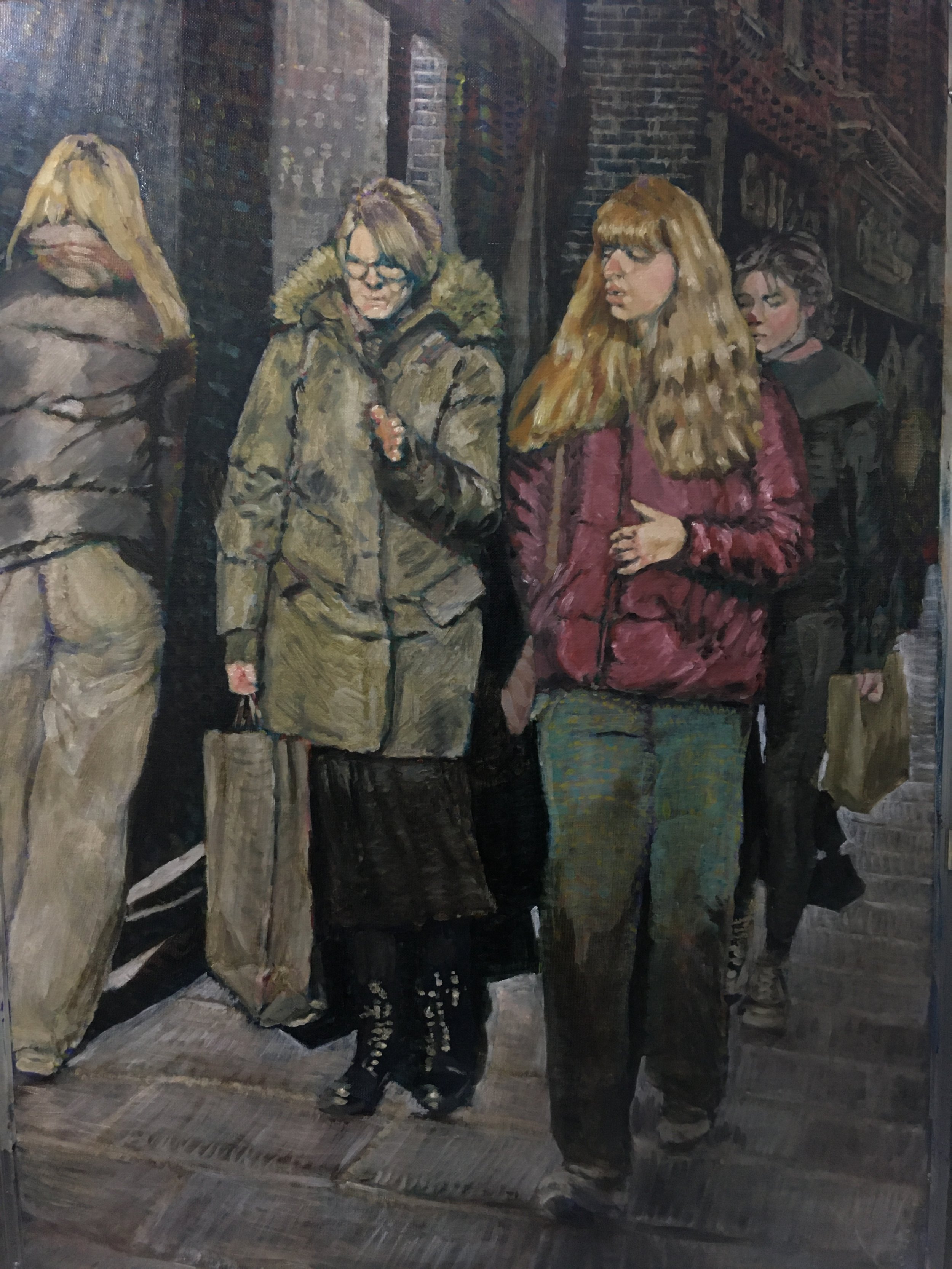 Painting of four women standing together in a street setting. They are dressed in winter clothing, and the scene appears to be urban with brick buildings and stairs in the background.