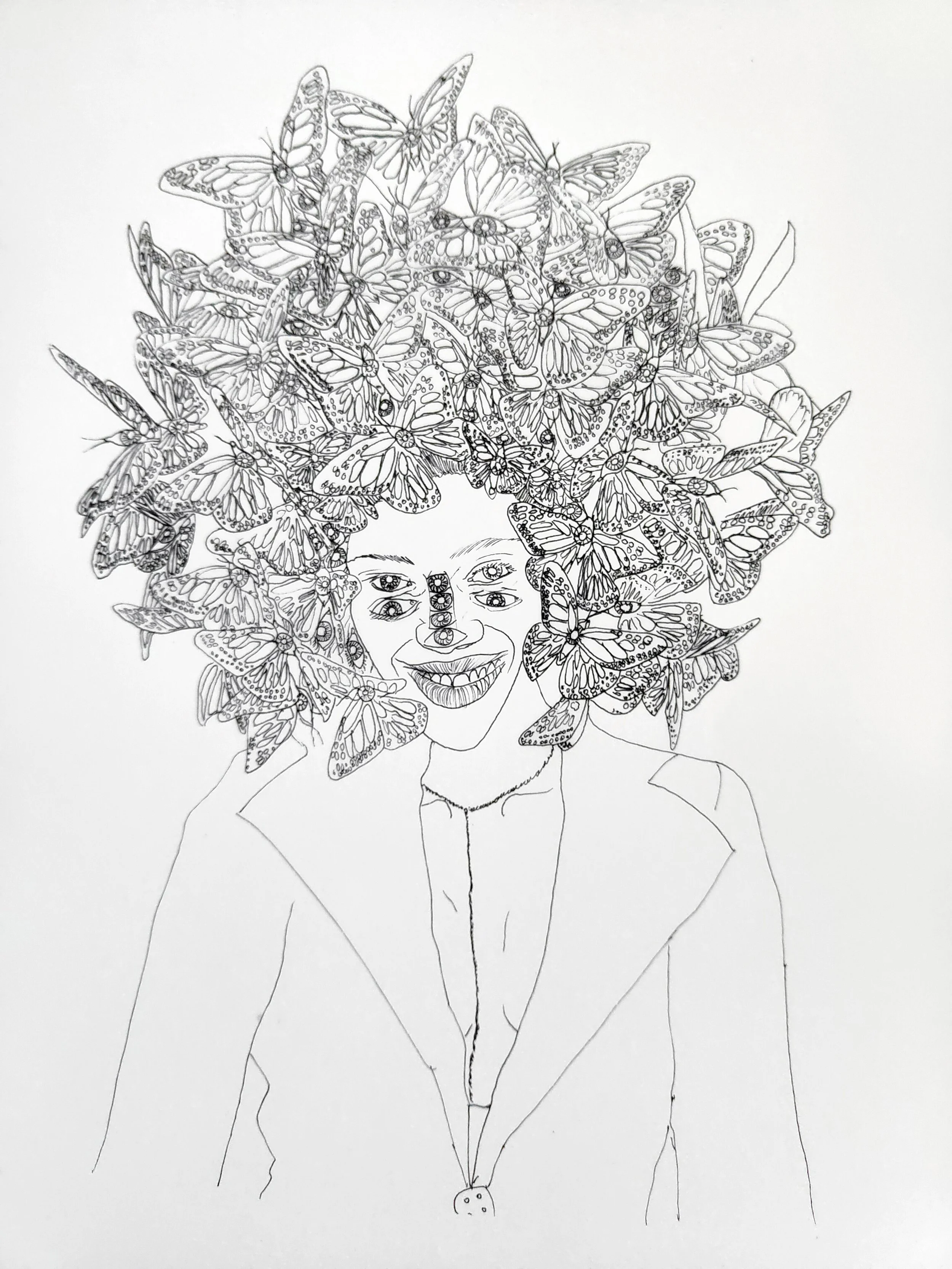 Willcott Synaesthetic artwork of  line drawing of a person with butterflies replacing their hair, face, and shoulders, with a small strawberry attached to a thin stem at the bottom.