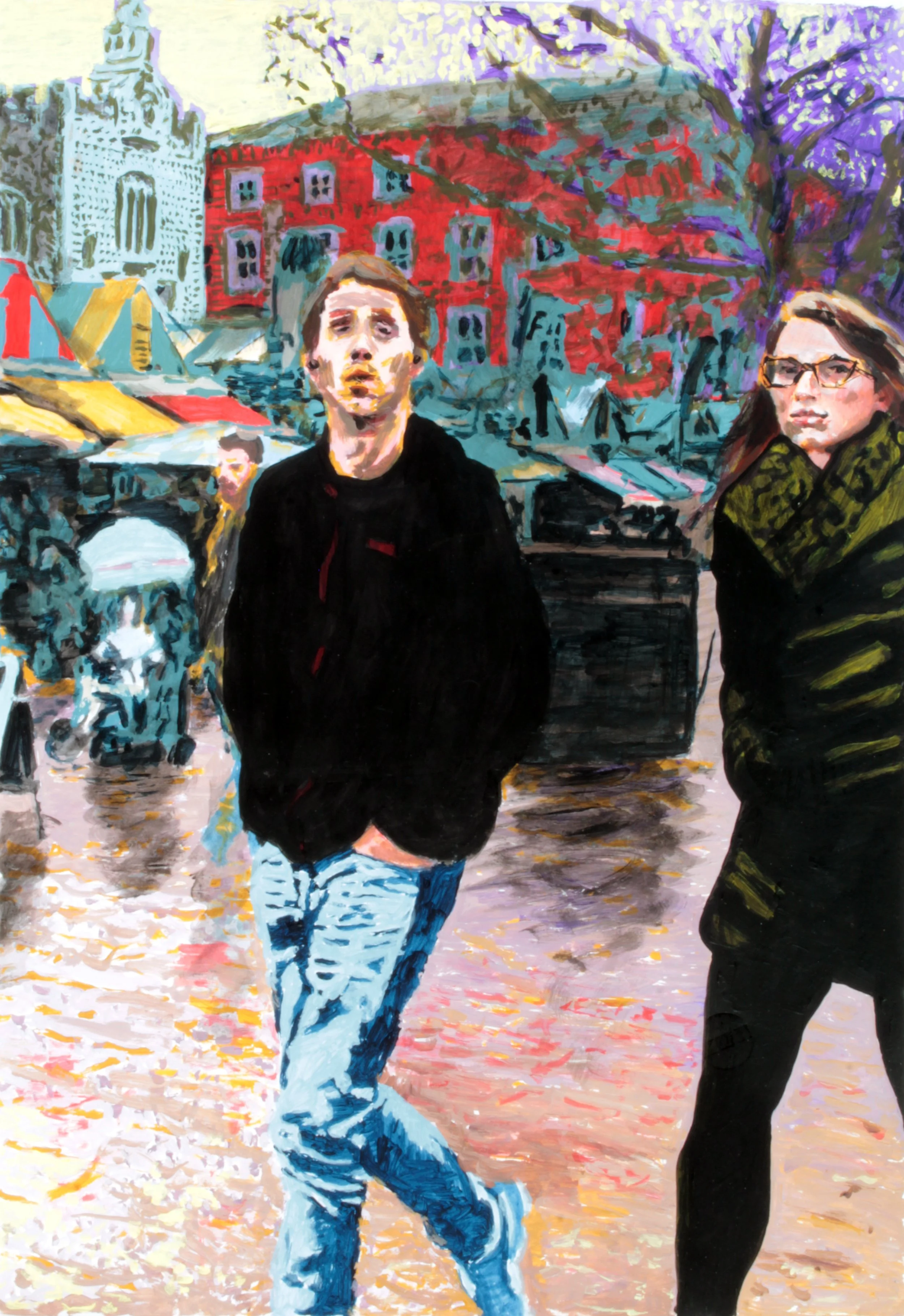 Painting of a lively city scene with two young women walking in the foreground, colorful buildings and trees in the background, and a street market with tents on the left.