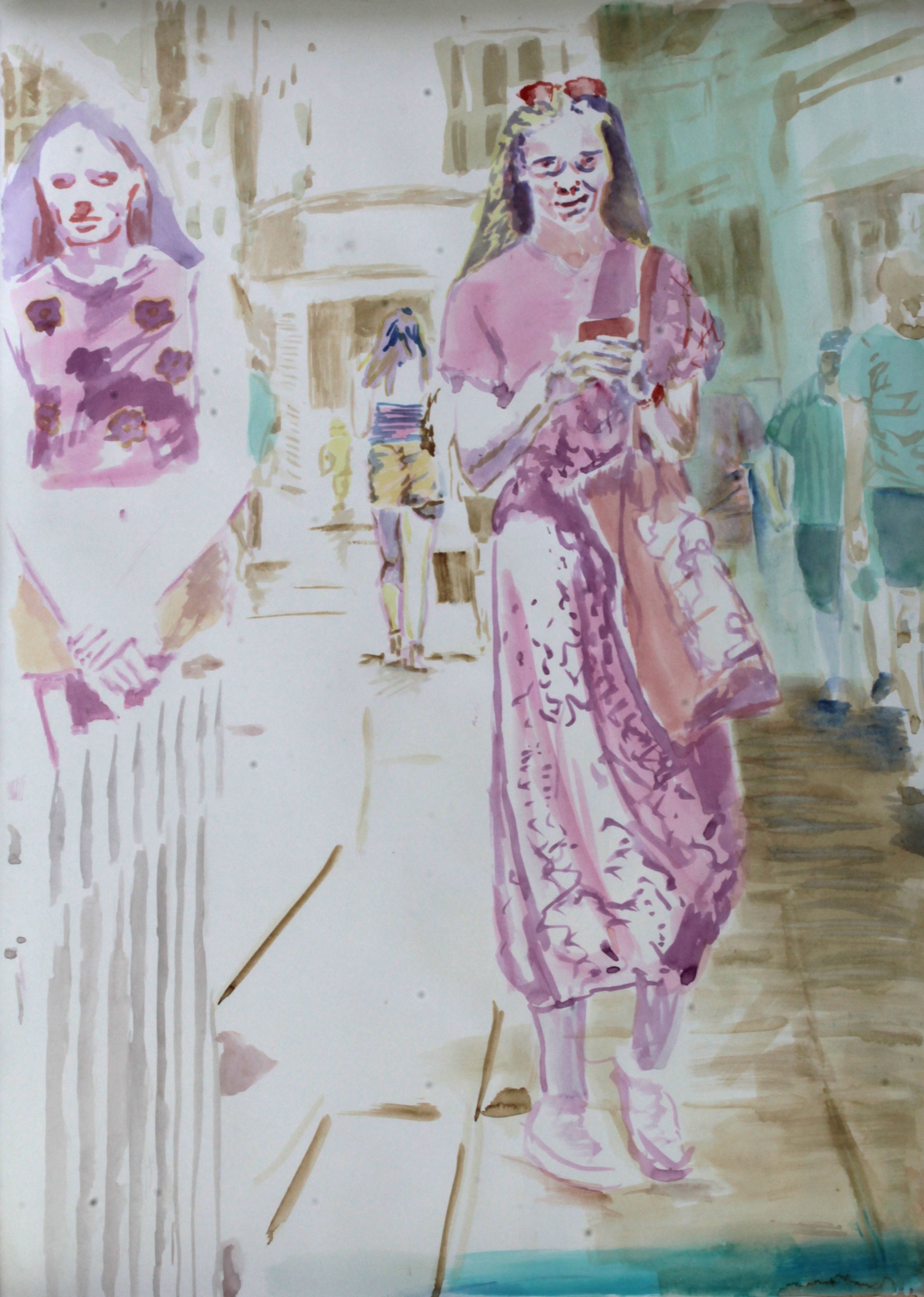 A watercolor painting of a woman walking outside, holding a phone, with two children in the background, and a dog at her feet.
