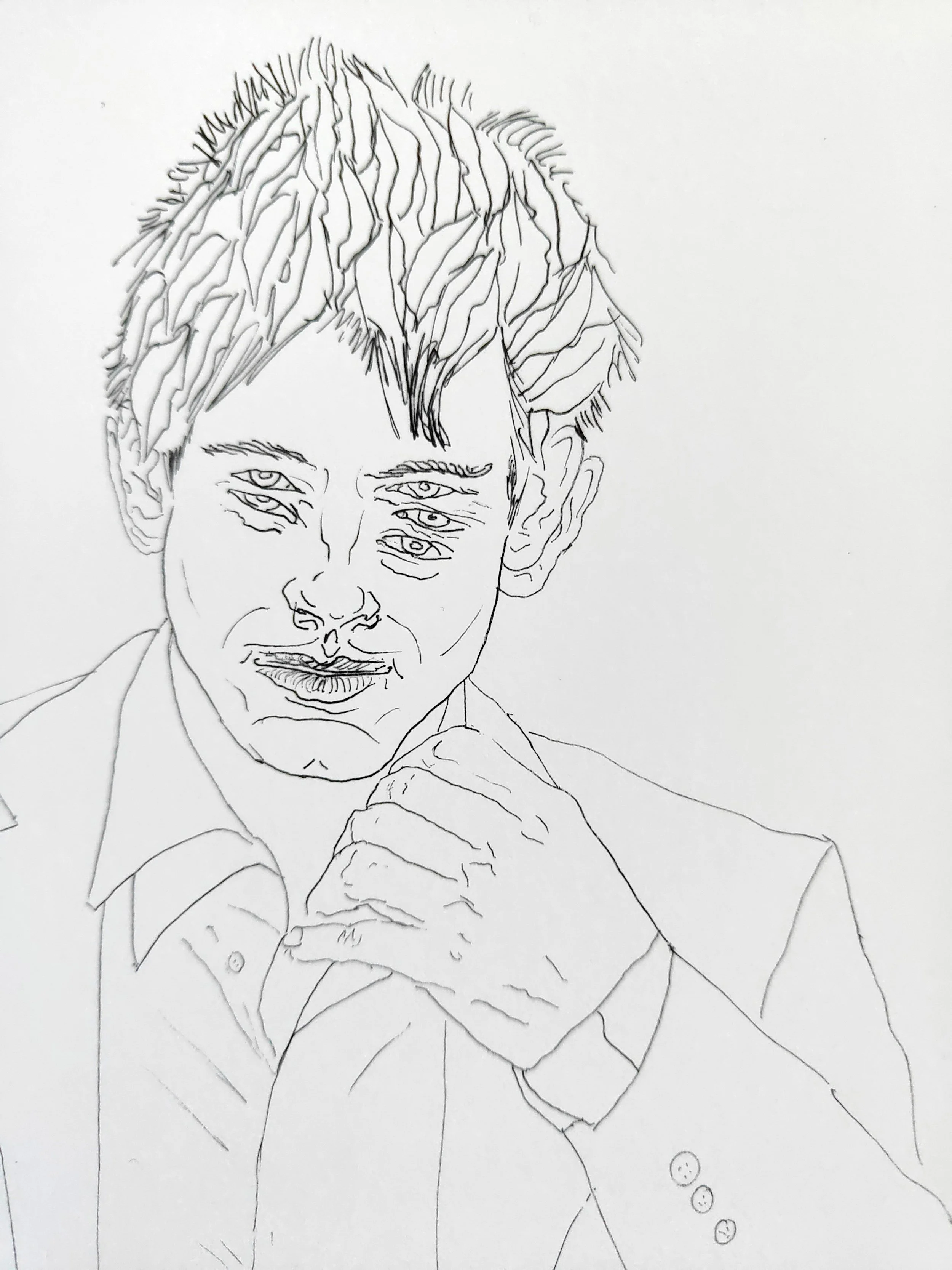 Line drawing of a man with multiple eyes on his face, wearing a button-up shirt and holding his chin with one hand.