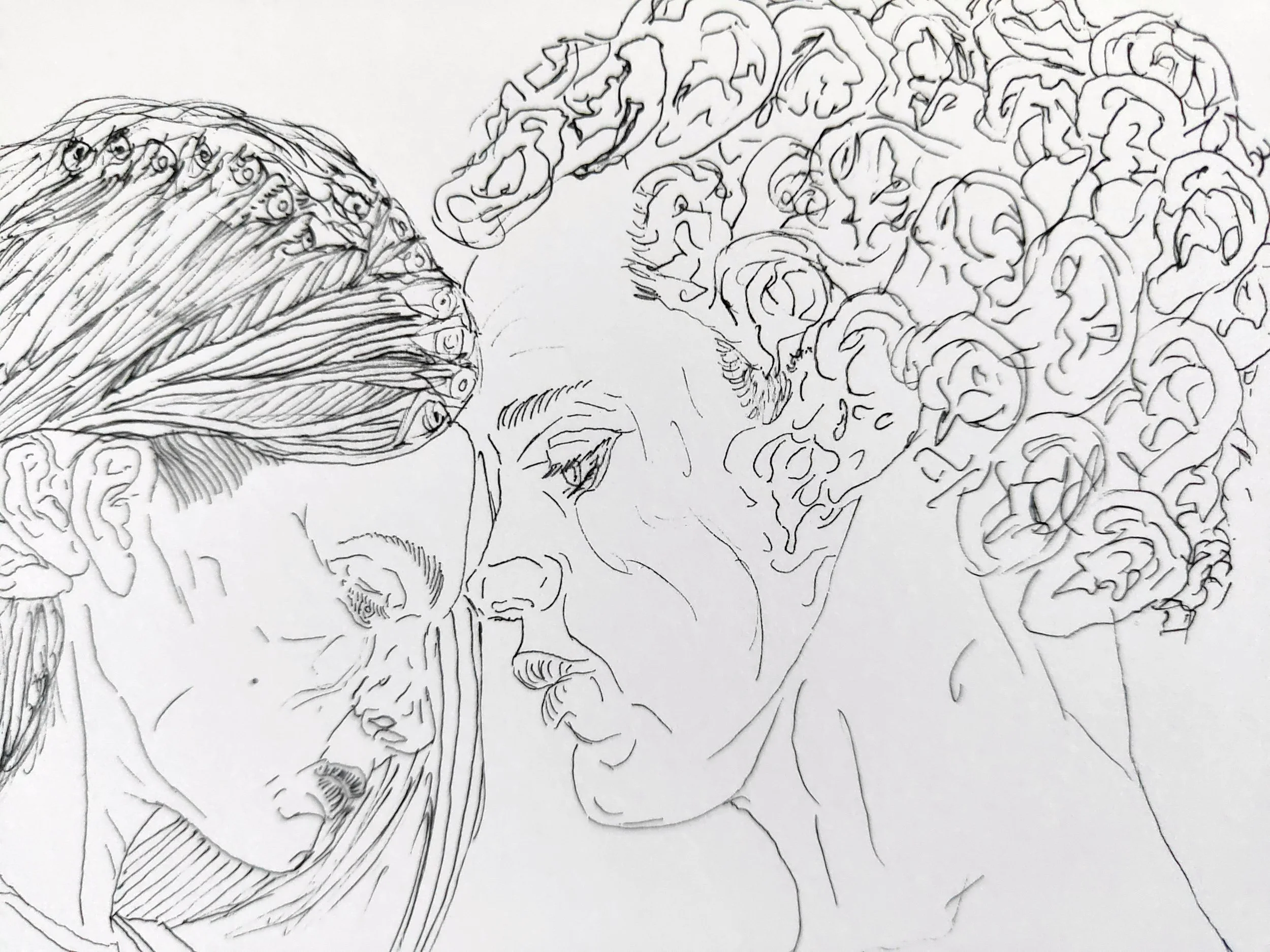 Willcott artwork, black and white sketch of two faces, one of an older woman with long hair and the other of a man with curly hair and glasses, facing each other.