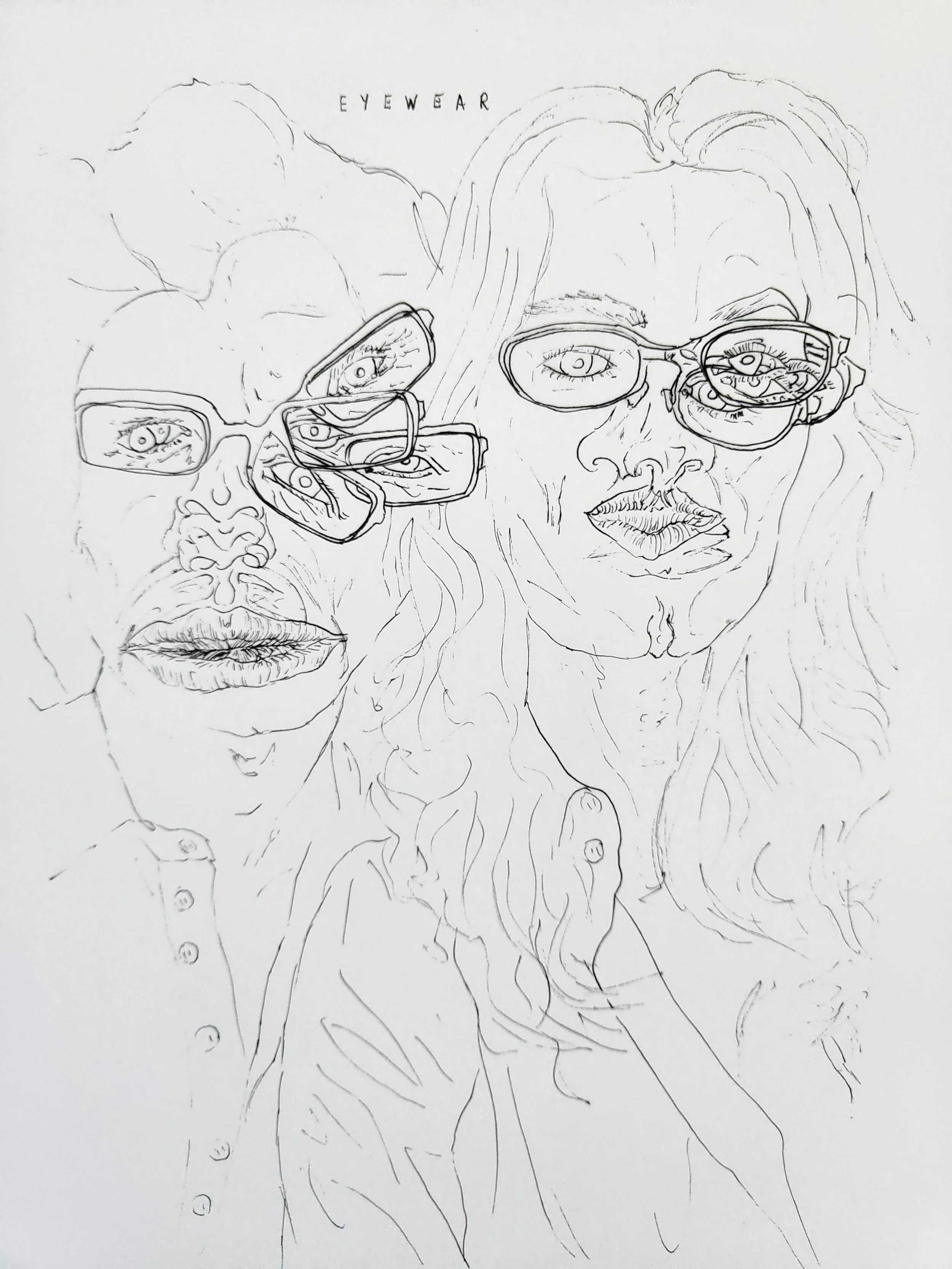 Willcott Synaesthetic artwork, line drawing of two women wearing eyeglasses, with detailed features including eyes, noses, lips, and hair, and the word 'EYEWEAR' above them.