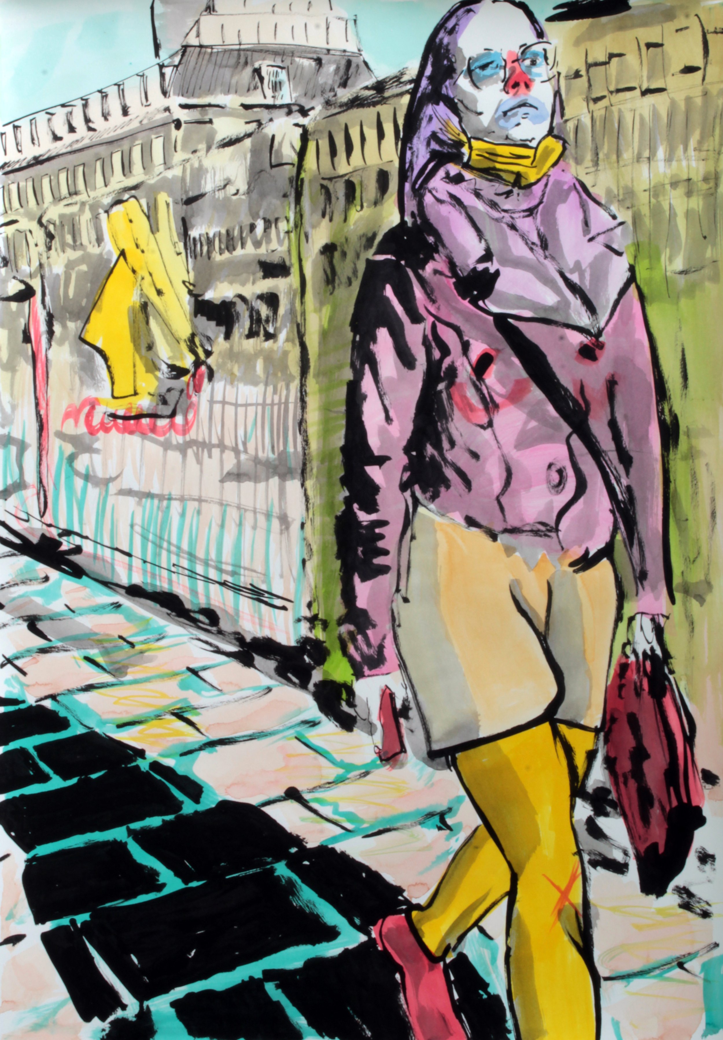 A colorful street scene in an urban area with a woman wearing sunglasses, a pink jacket, yellow pants, and red shoes walking along a sidewalk next to a building and a yellow Louis Vuitton shopping bag.