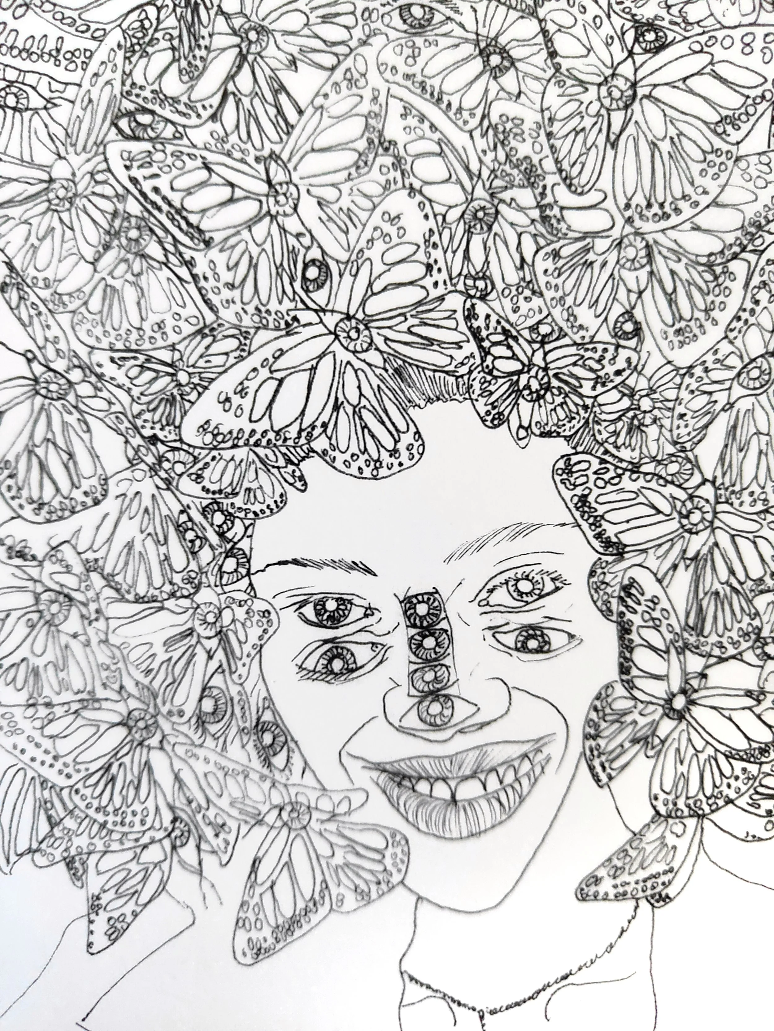 Willcott Synaesthetic artwork of  black-and-white line drawing of a person's face with eyes, nose, and lips, partially obscured by a large cluster of butterfly sketches, including details of wings, bodies, and antennae.