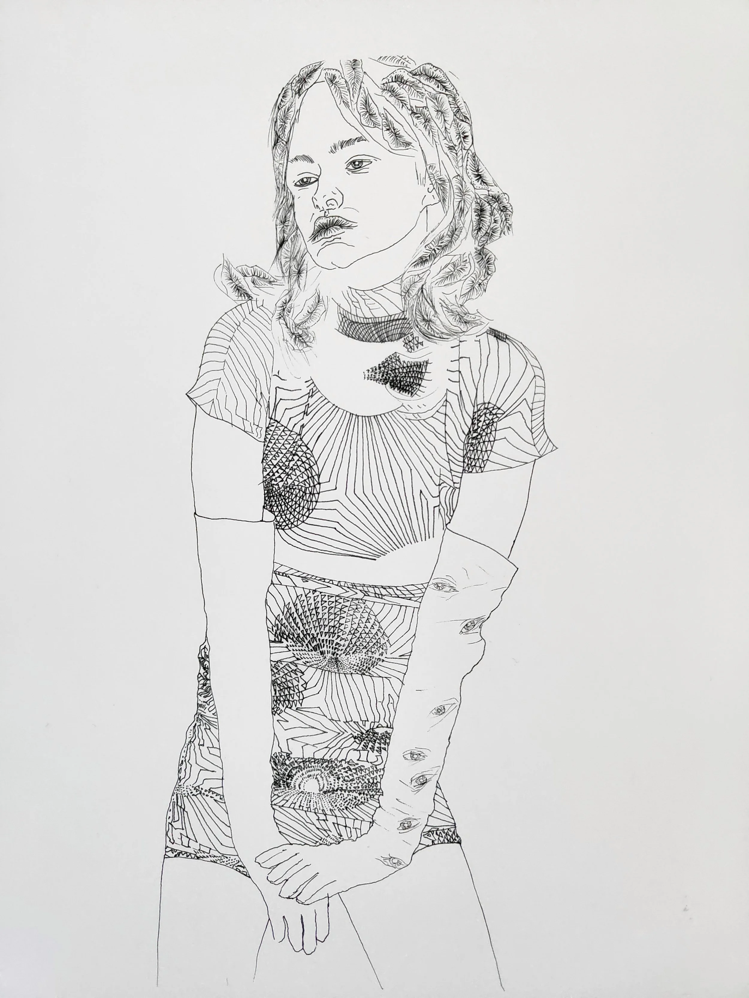 Willcott artwork, line art drawing of a young woman with long hair, dressed in a patterned shirt, with a large bird perched on her arm and smaller eyes scattered on her body.