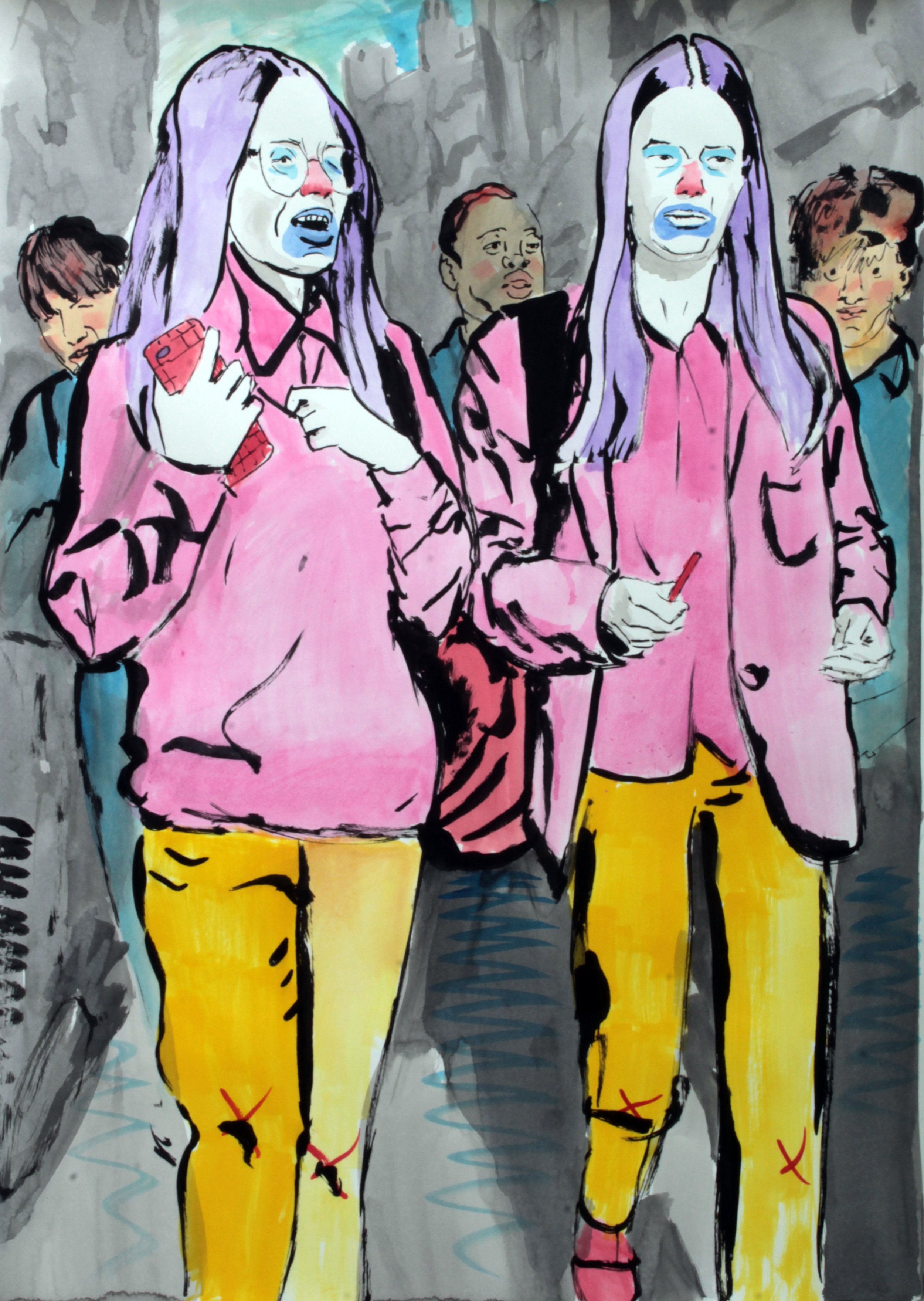 A colorful illustration of two young women with long purple hair and pink jackets, holding pens, standing outside on a rainy day, with other people in the background.