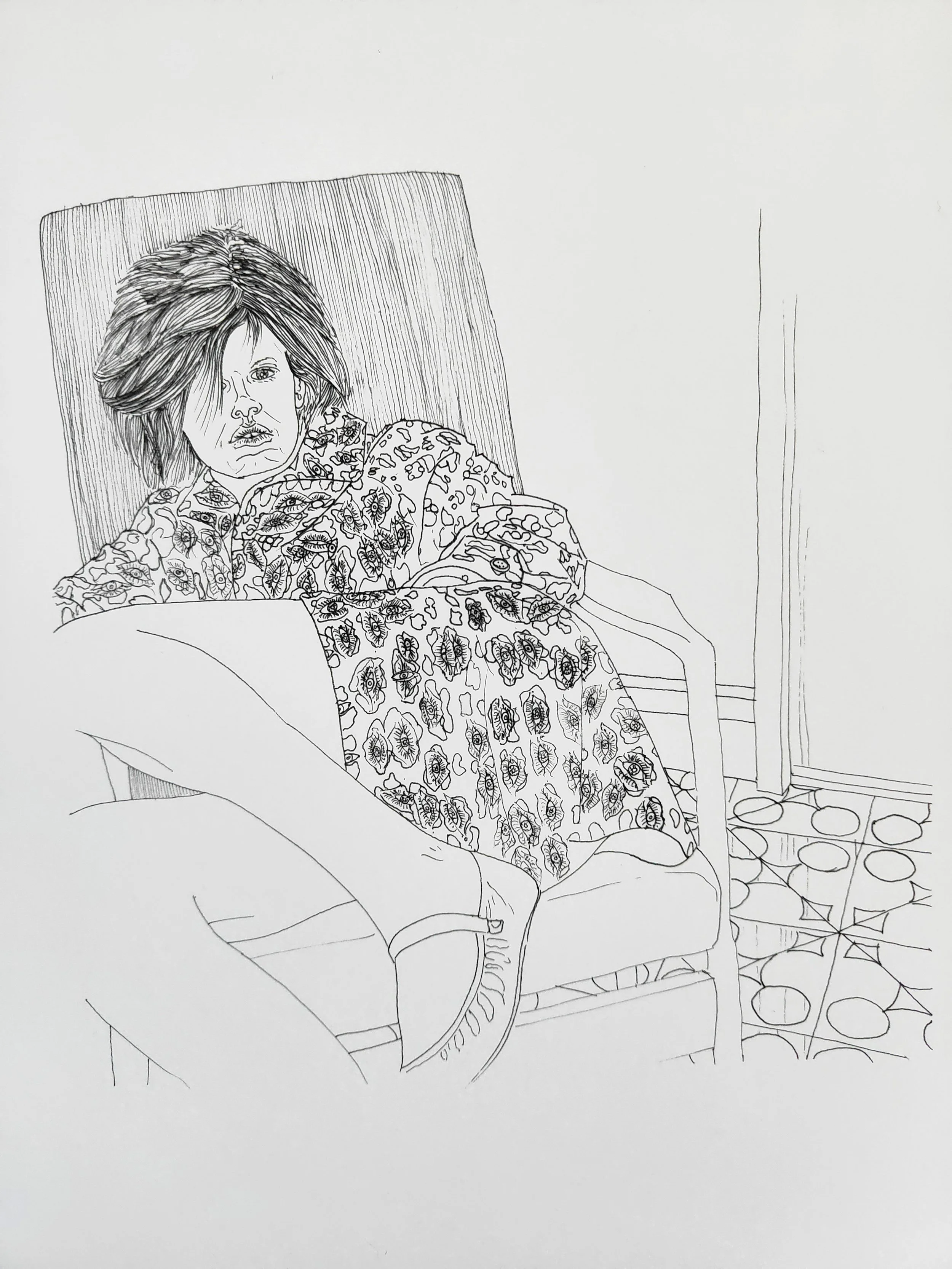 Willcott Synaesthetic artwork of  line drawing of a woman reclining on a bed, wearing a floral-patterned shirt and sneakers, with a pillow and a patterned blanket, in a room with a simple wall.