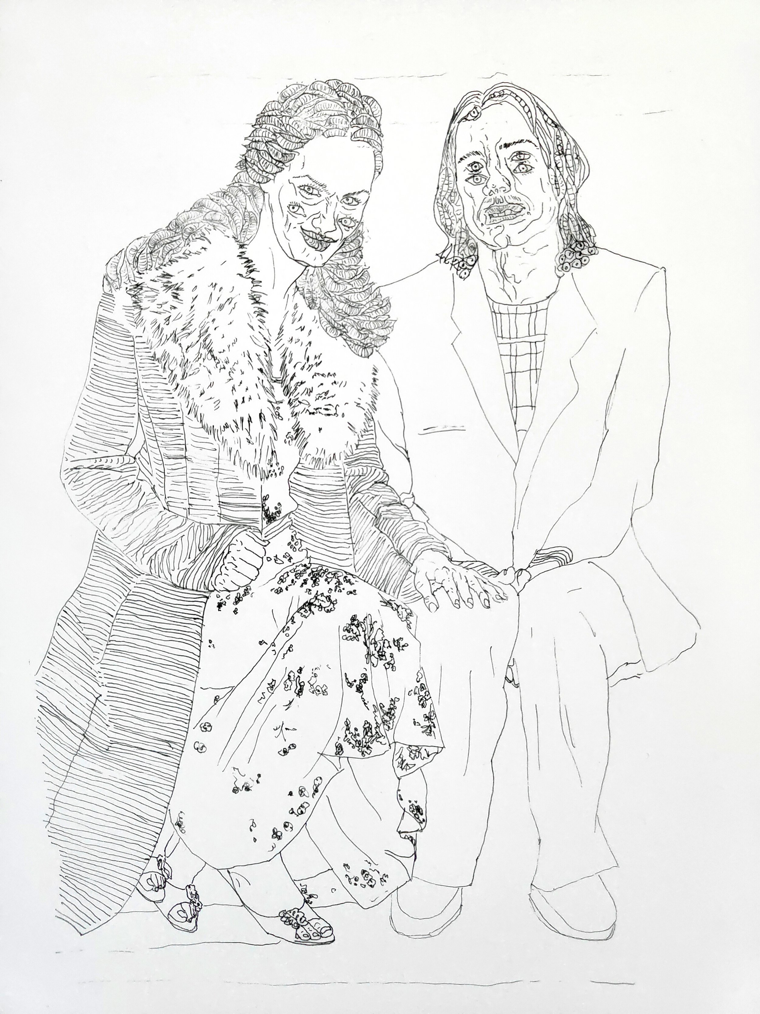 Willcott artwork, line drawing of a woman with long hair and a man with long hair, both dressed in casual clothing, sitting together and holding hands.
