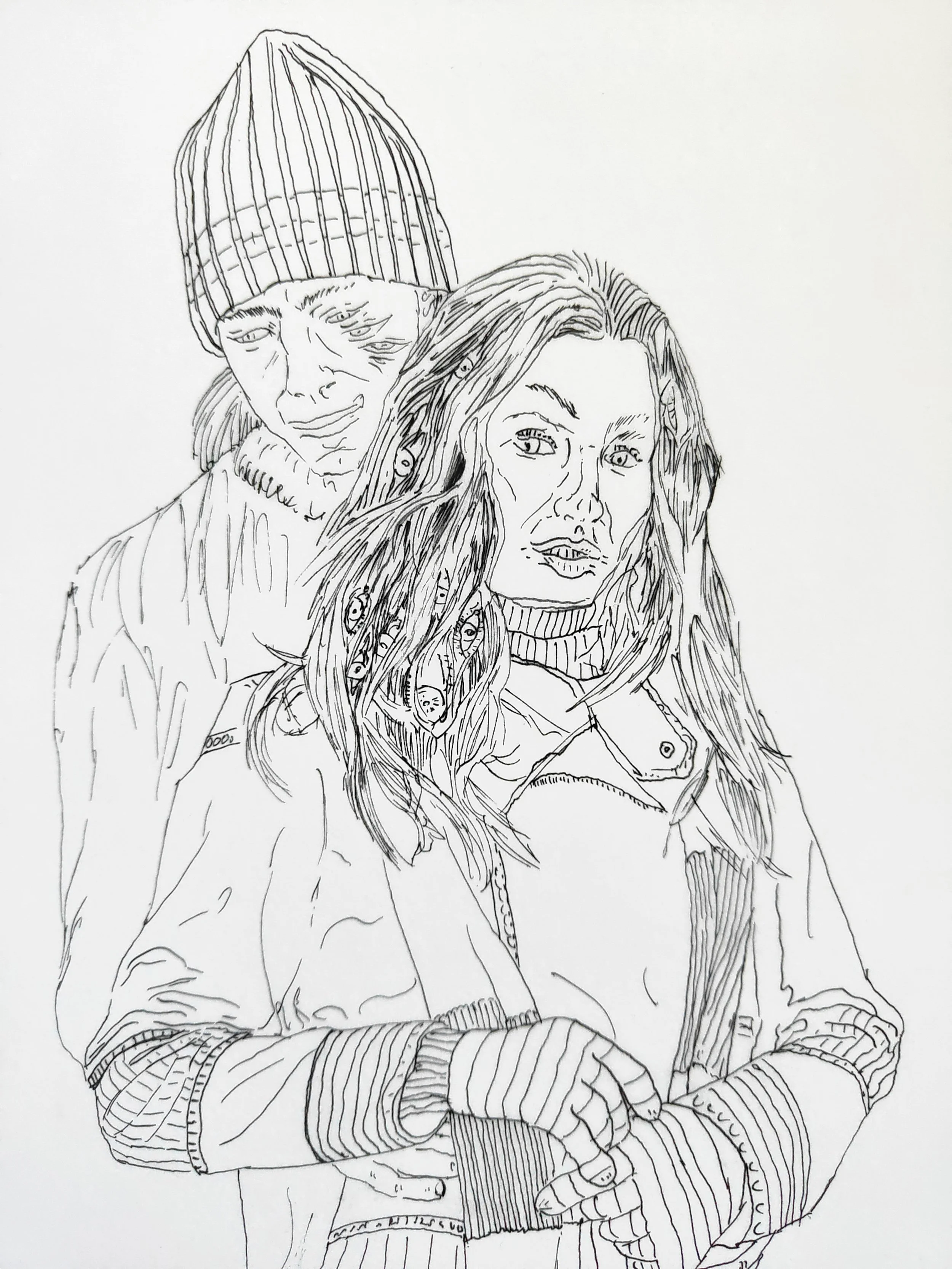 A black and white line drawing of two young women sitting together, one slightly behind the other. The woman in front has long, wavy hair and is wearing a jacket with a patterned collar and earrings. The woman behind has shoulder-length hair, is wear