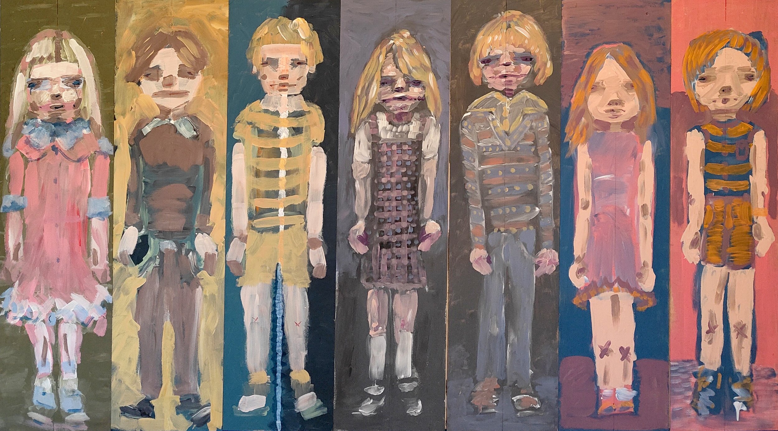 Painted artwork featuring eight children standing side by side, each with distinct clothing and hair, in an expressive, abstract style with bold brushstrokes and vibrant colors.