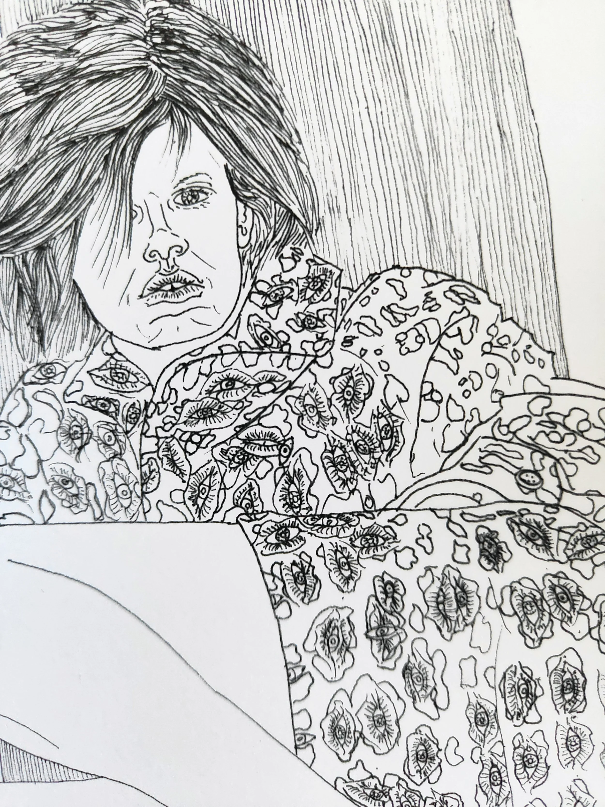 Willcott Synaesthetic artwork of  Black and white line drawing of a woman with long, wavy hair, wearing a garment covered in eye patterns.