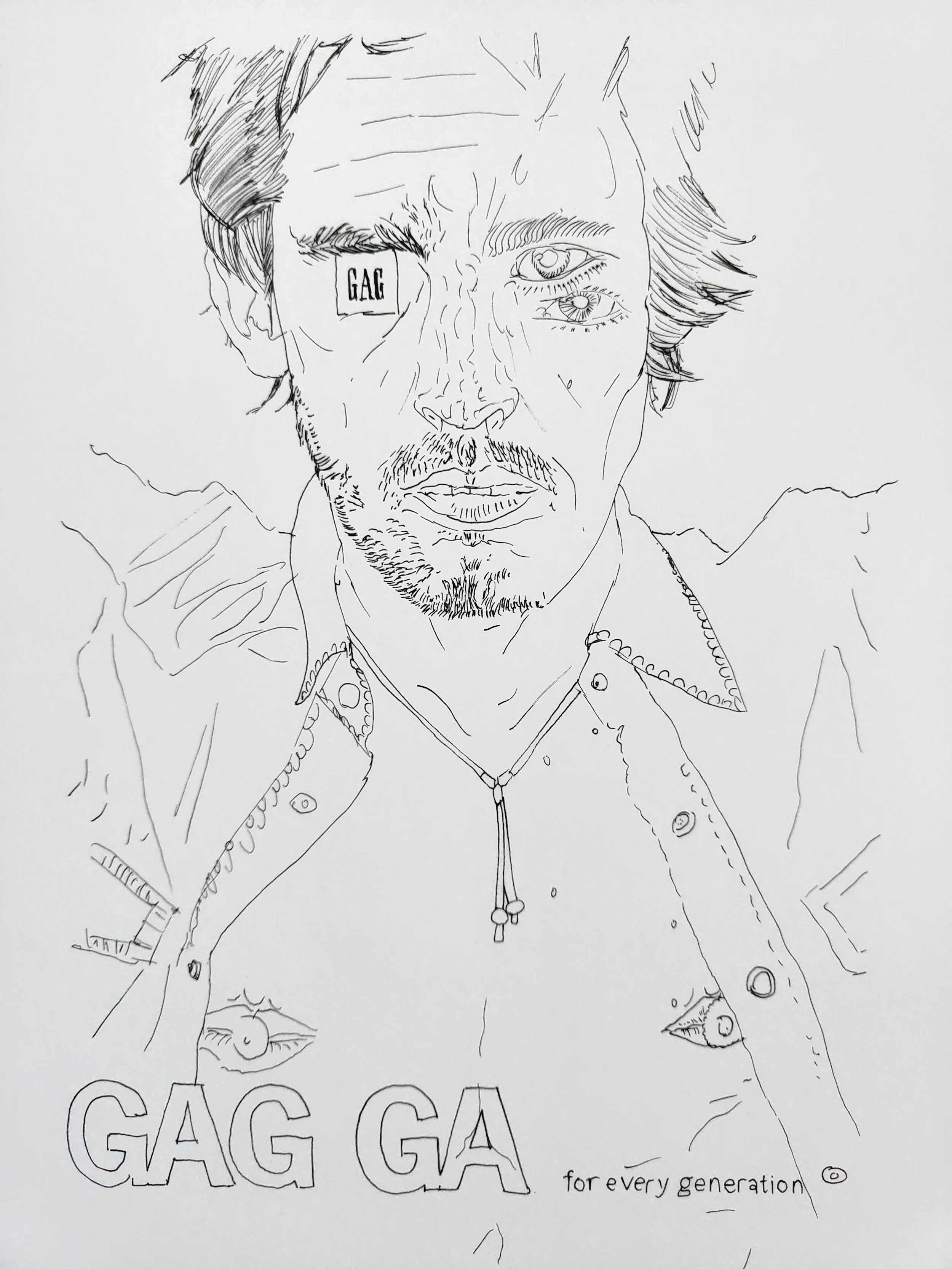 Line drawing of a person's face and upper body, with the words "GAG GAG GAG" at the bottom and the phrase "for every generation". The person has medium-length hair, visible eyes, a mustache and beard, and is wearing a shirt with a necklace.