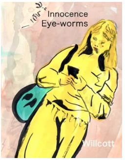 Illustration of a girl with long hair looking down at her phone, carrying a backpack, with text about 'Innocence Eye-worms' and the artist's name Willcott.