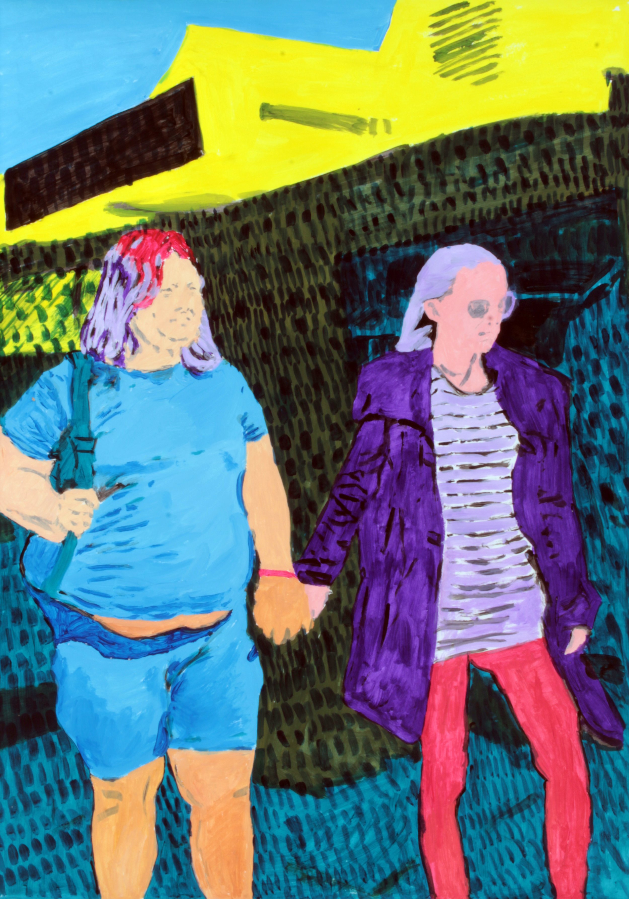 A colorful painting of two women holding hands, one with purple hair and a light purple jacket, and the other with red and purple hair and a blue shirt, against a vibrant background with a yellow building and green foliage.