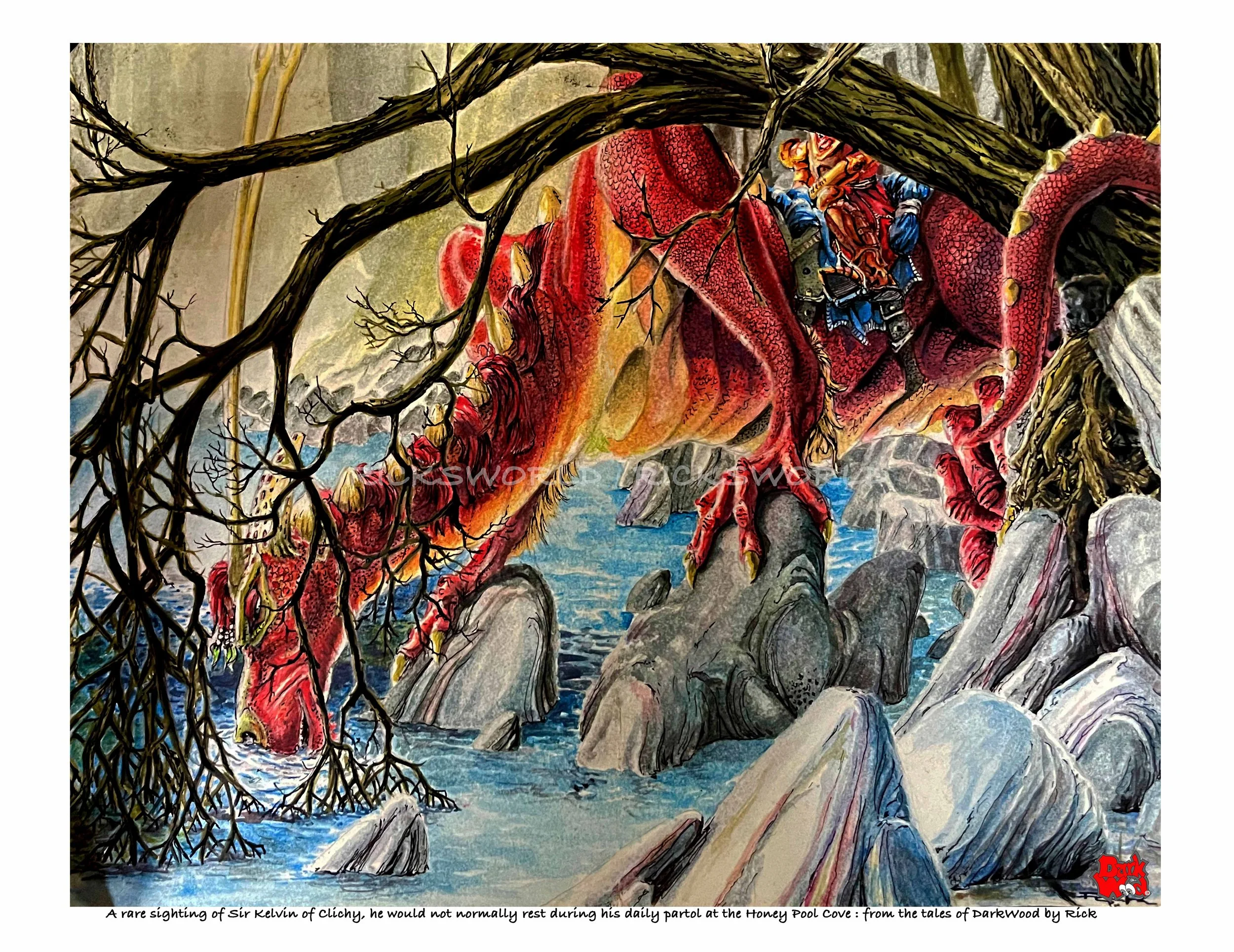 A rare sighting of Sir Kelvin of Clichy, he would not normally rest during his daily partol at the Honey Pool Cove.  (Micron ink + Inktense colours). code: DW083