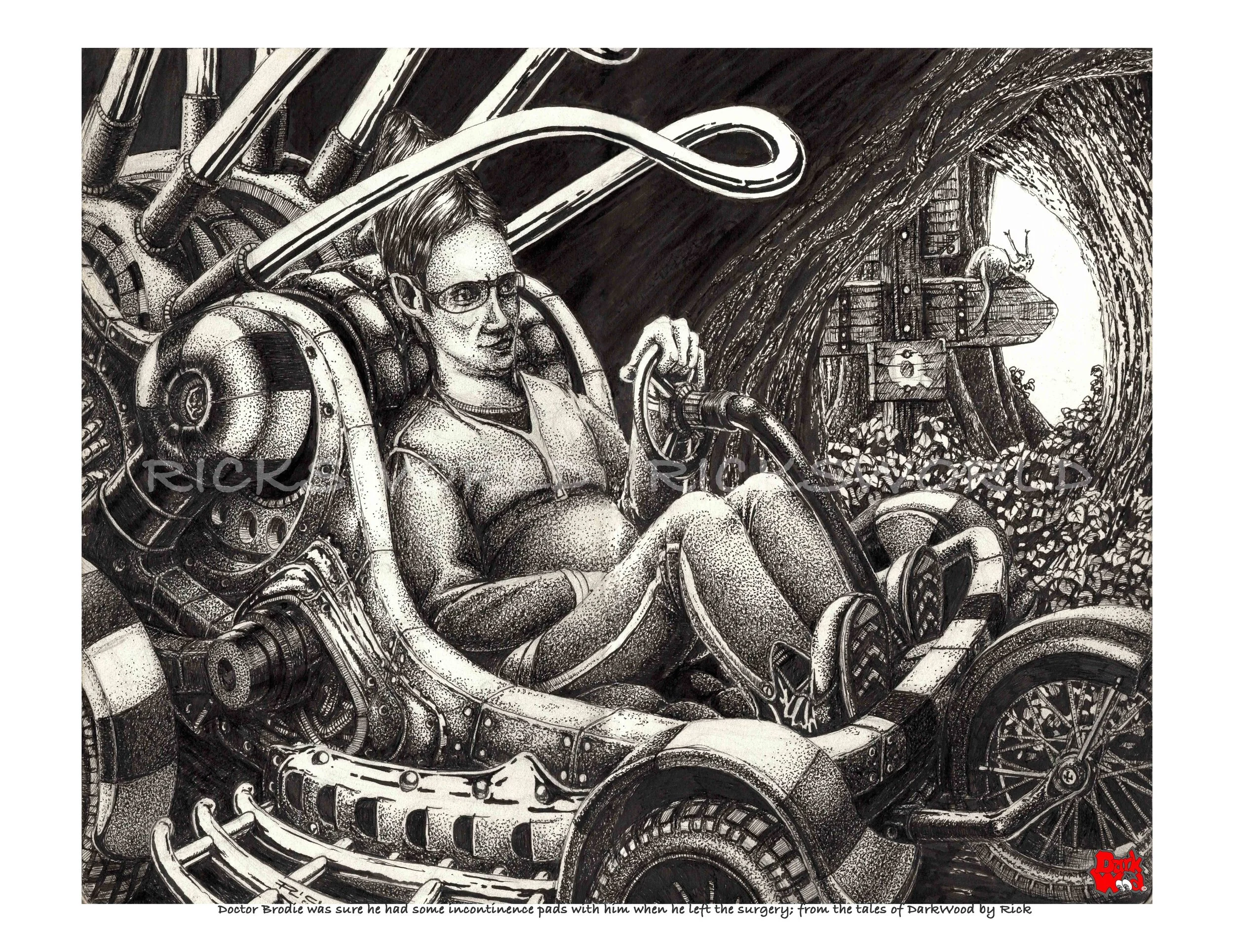 Doctor Brodie was sure he had some incontinence pads with him when he left the surgery. (Micron  ink) Code DW052