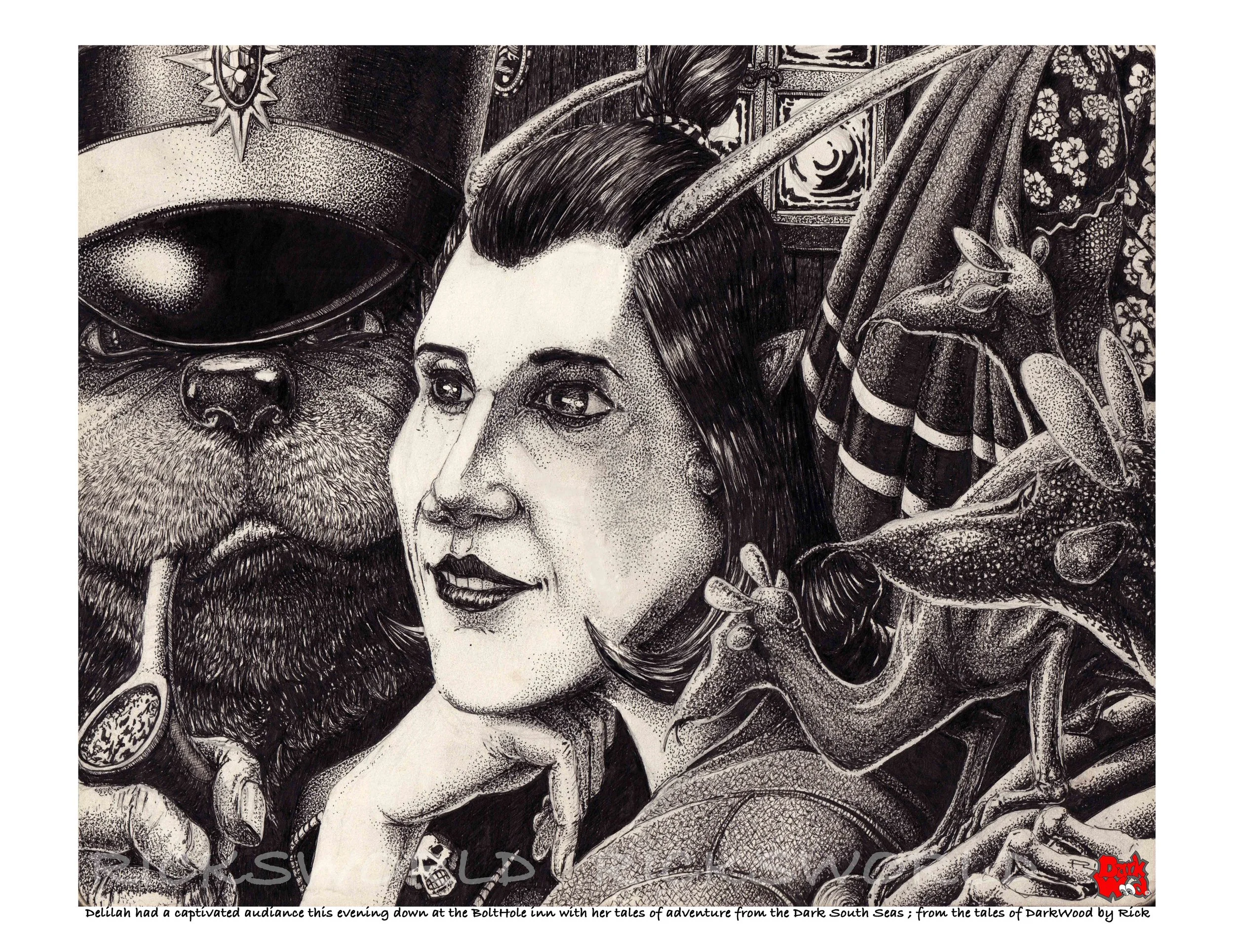 Delilah had a captivated audiance this evening down at the BoltHole inn with her tales of adventure from the Dark South Seas. (Micron - ink). Code DW063