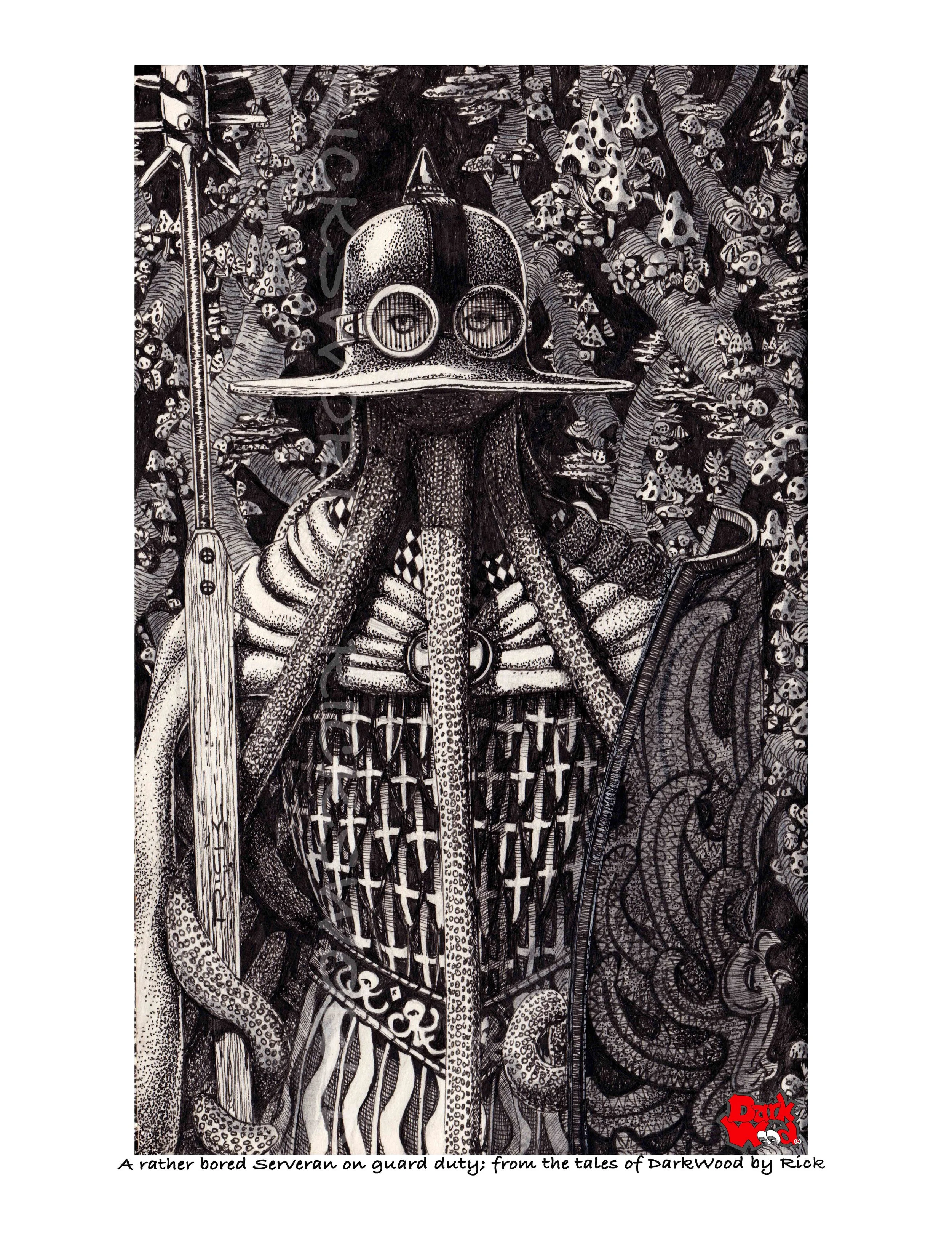 A rather bored Serveran on guard duty.  (Micron - ink). Code DW 058