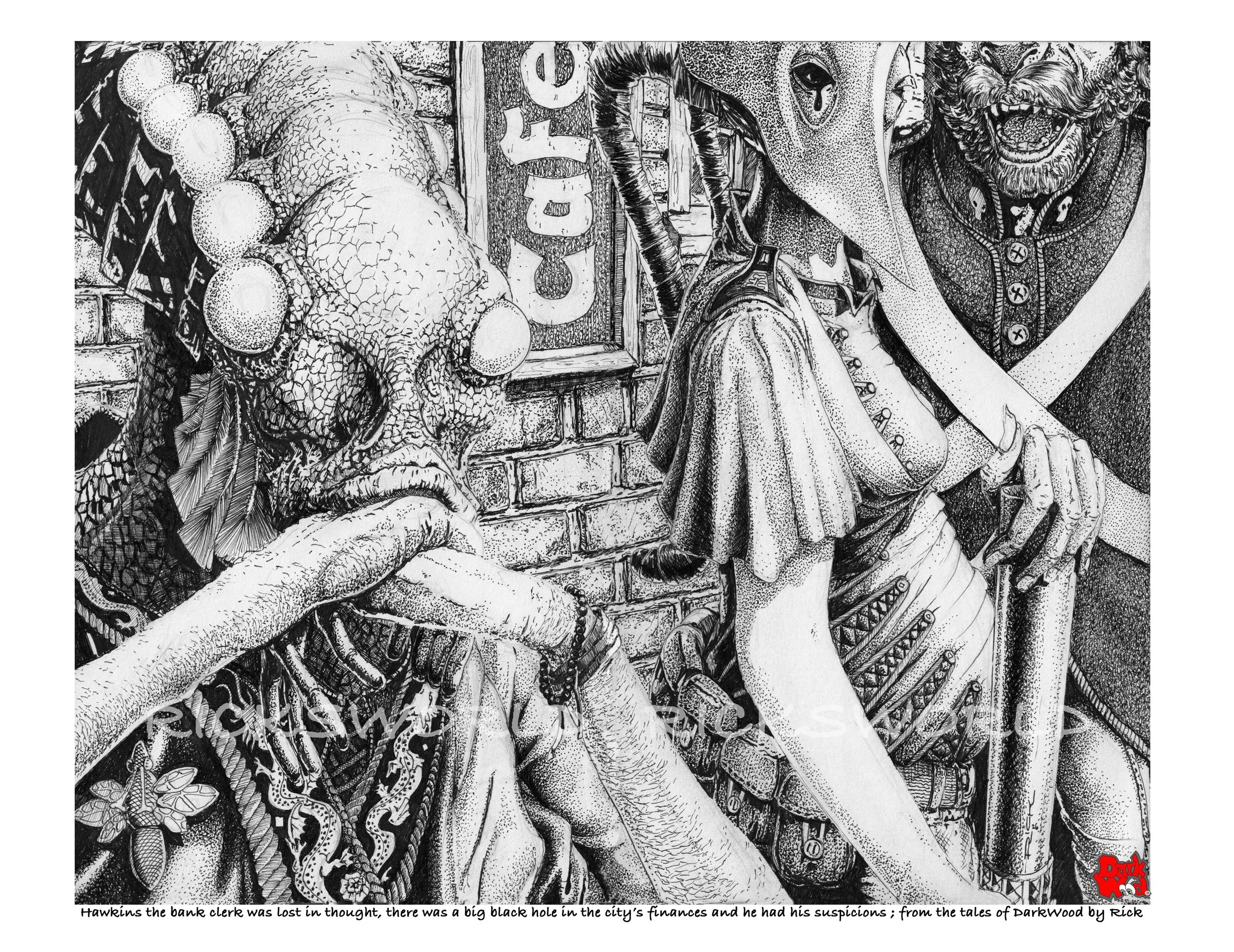 Hawkins the bank clerk was lost in thought, there was a big black hole in the city’s finances and he had his suspicions. (Mircon - ink) code DW 081