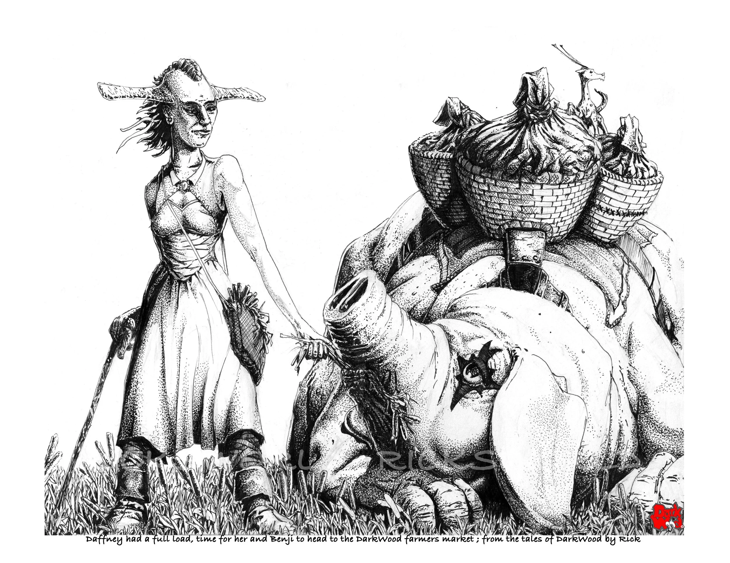 Daffney had a full load, time for her and Benji to head to the DarkWood farmers market. (Micron  ink) Code DW050