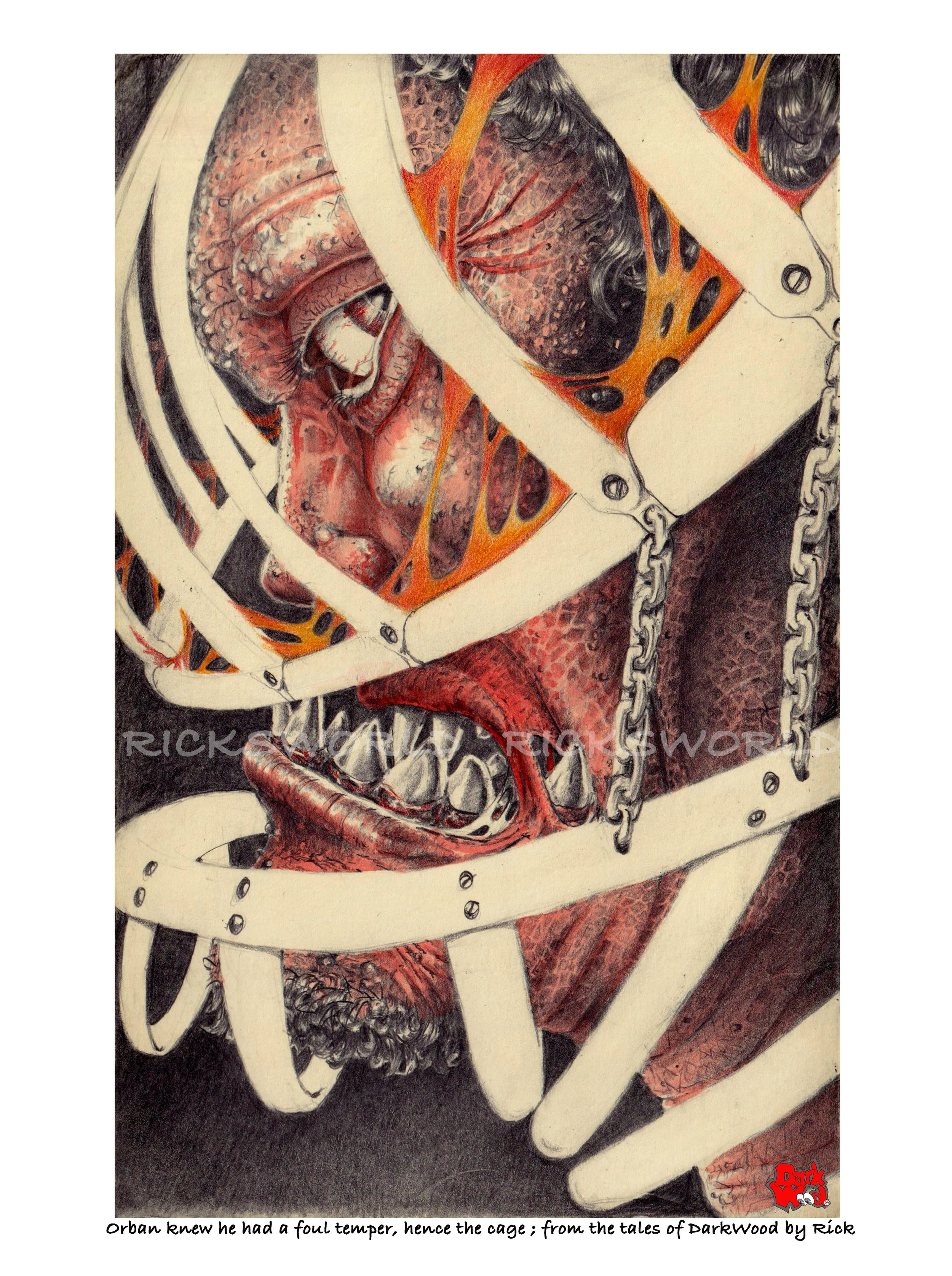Orban knew he had a foul temper, hence the cage.  (Pencil and colour pencil) Code: DW092