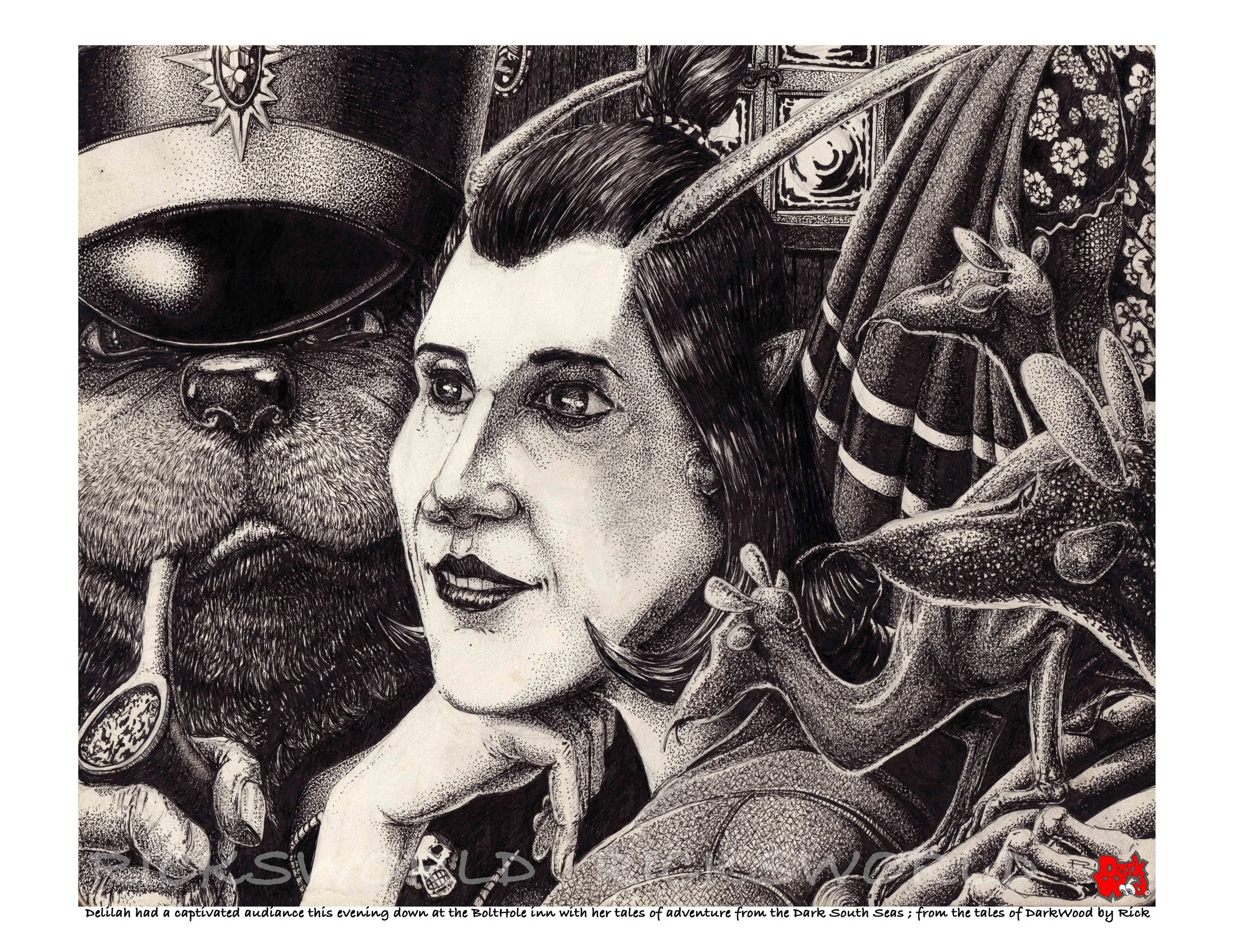 Delilah had a captivated audiance this evening down at the BoltHole inn with her tales of adventure from the Dark South Seas. (Micron - ink). Code DW063