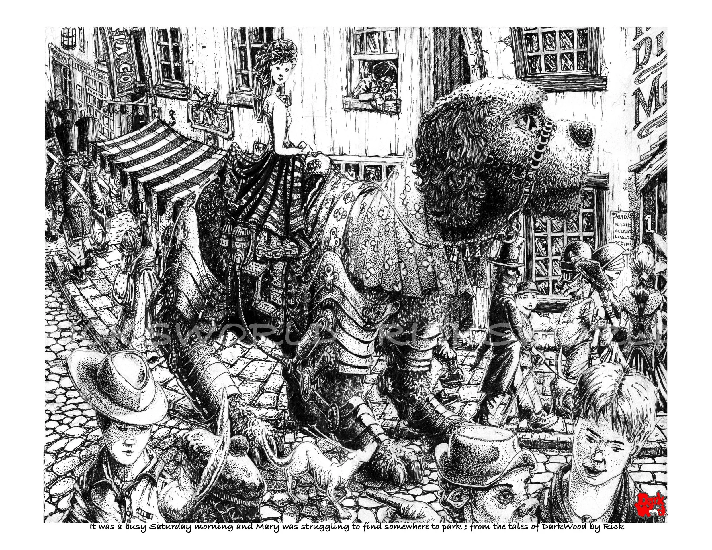 t was a very busy Saturday morning and Mary was having a problem finding somewhere to park.  (Micron - ink). Code: DW047