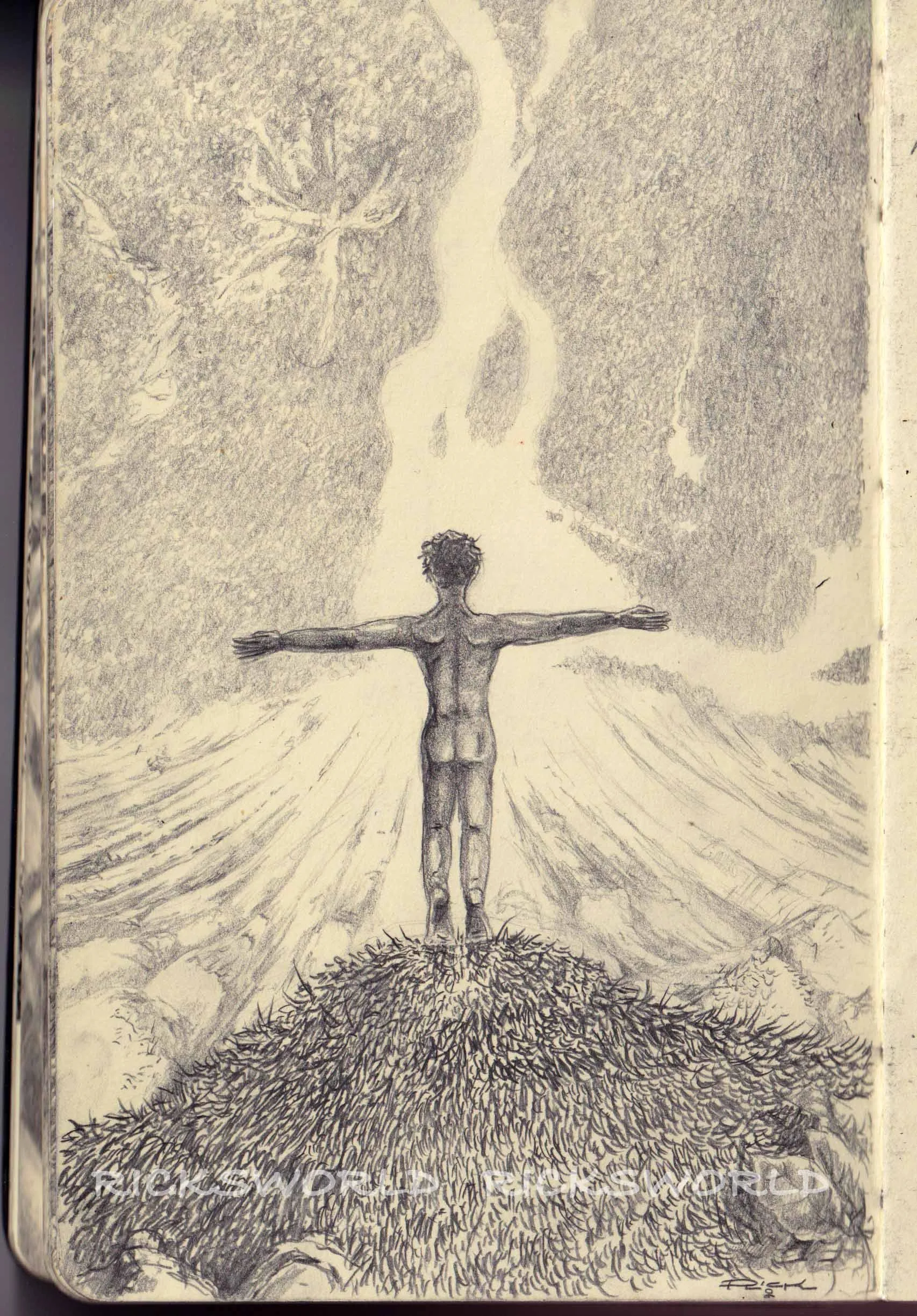 Euphoria - the original a5 pencil sketch drawn on  the  train back from London - 2006. Normally, I would be able to complete a rough sketch on a single journey as my commute on the train from Waterloo was about 1hr 20min.