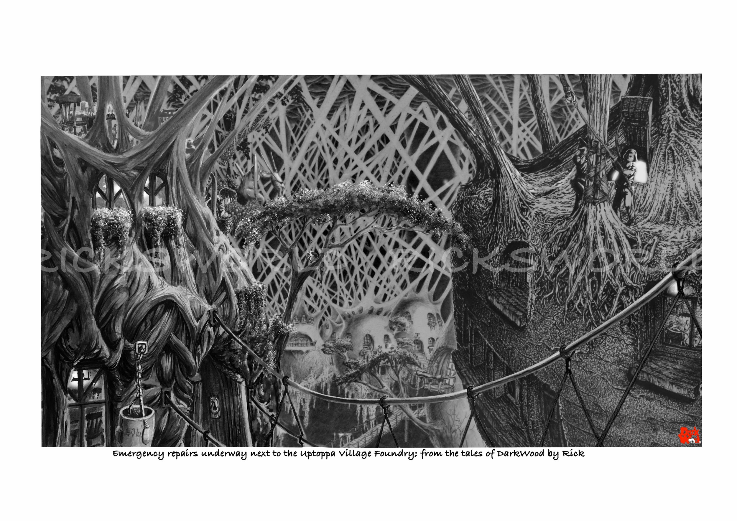 Emergency repairs underway next to the Uptoppa Village Foundry. (Micron - Multi image Photoshop layers). code: DW 058 