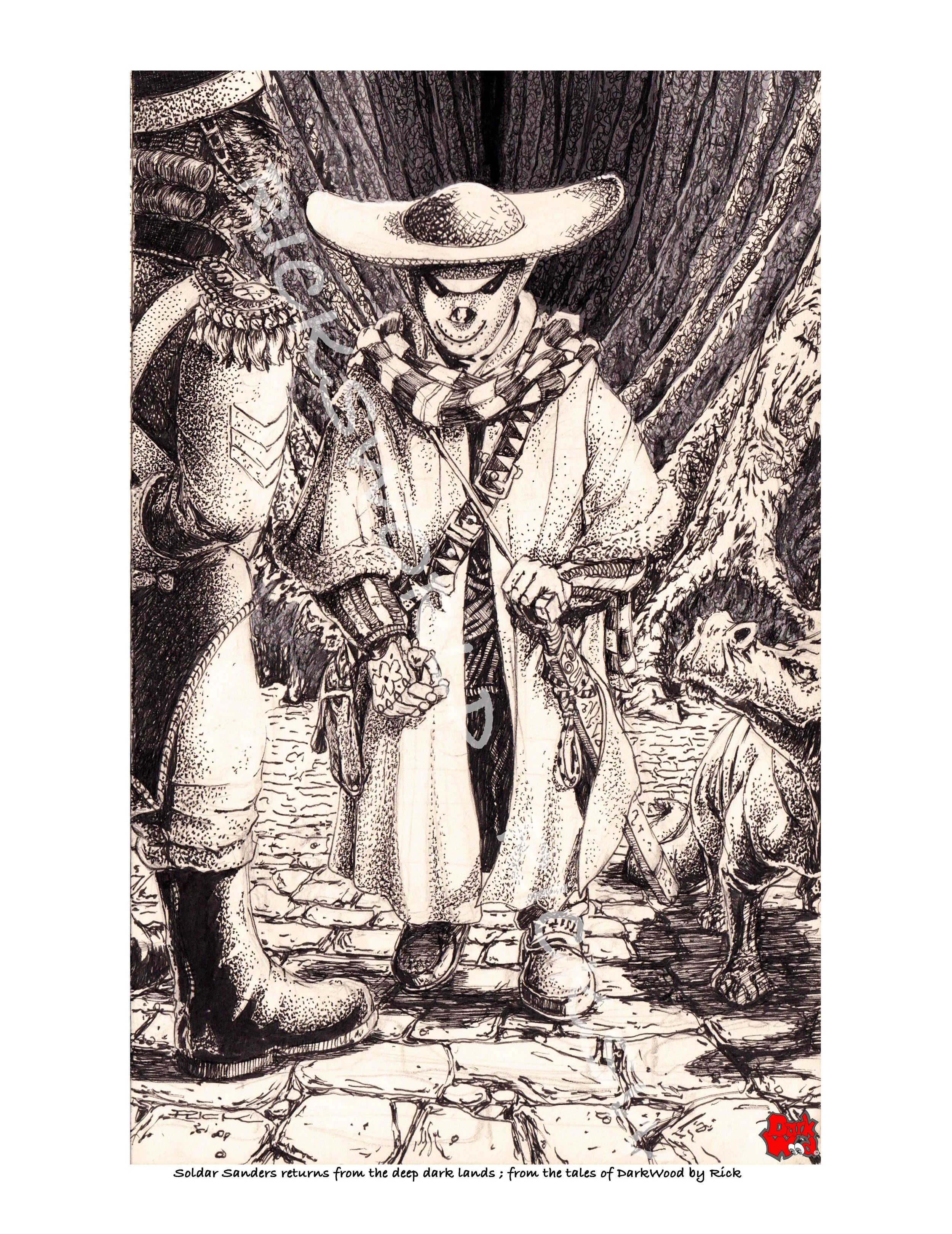 Solder Sanders return after 10 years in the deep dark lands was treated with suspicion. (Micron - ink) DW079