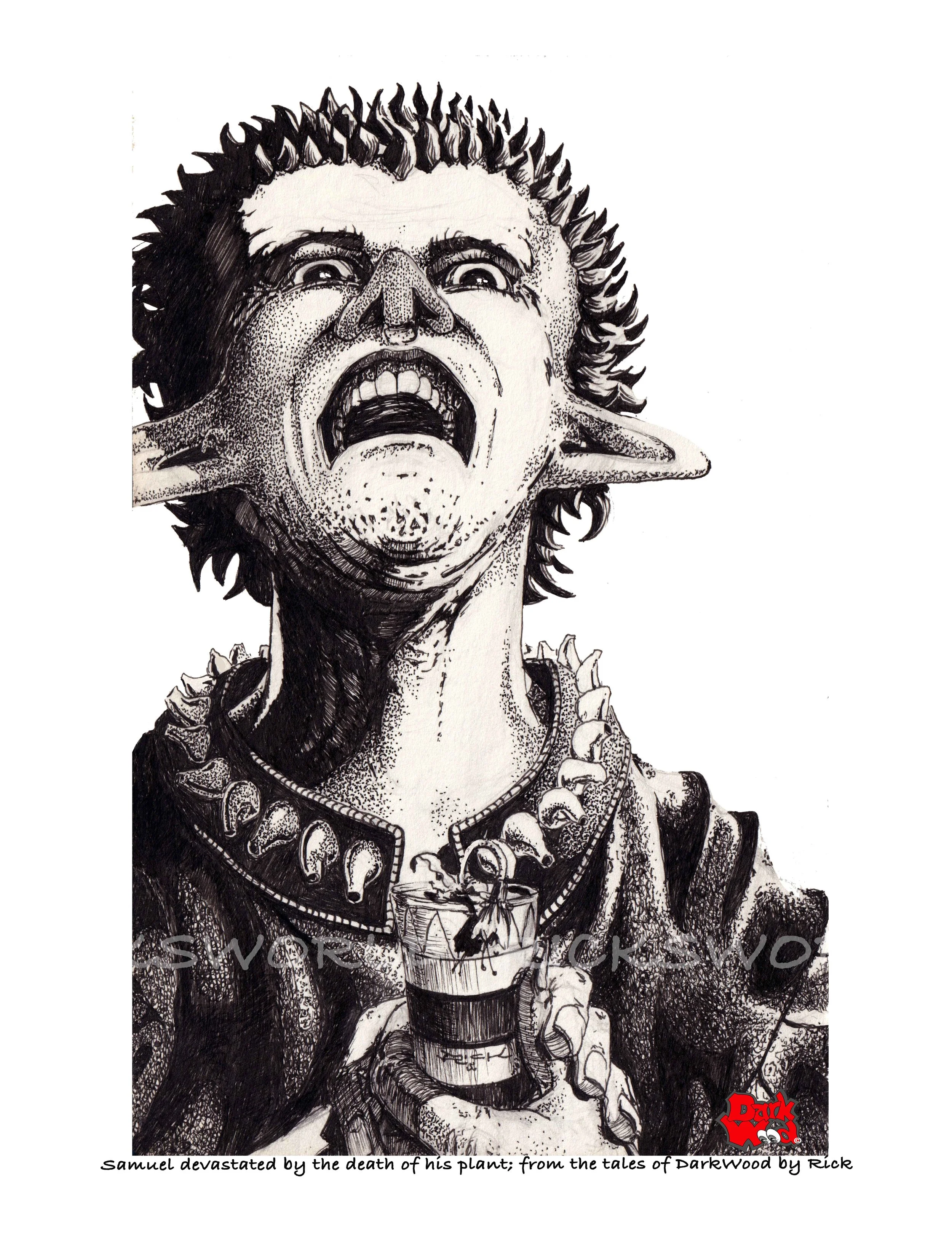 Samuel would never leave his house plants with Henry ever again whilst away on holiday. (Micron - ink). code DW060