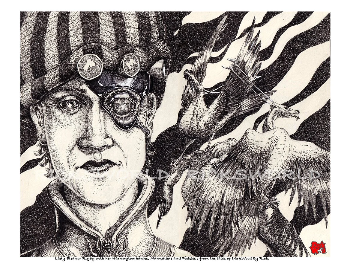 Lady Eleanor Rigby with her Harrington hawks, Marmalade and Pickles. They were vicious buggers, she’d lost an eye to one. (Micron - Ink) Code DW085