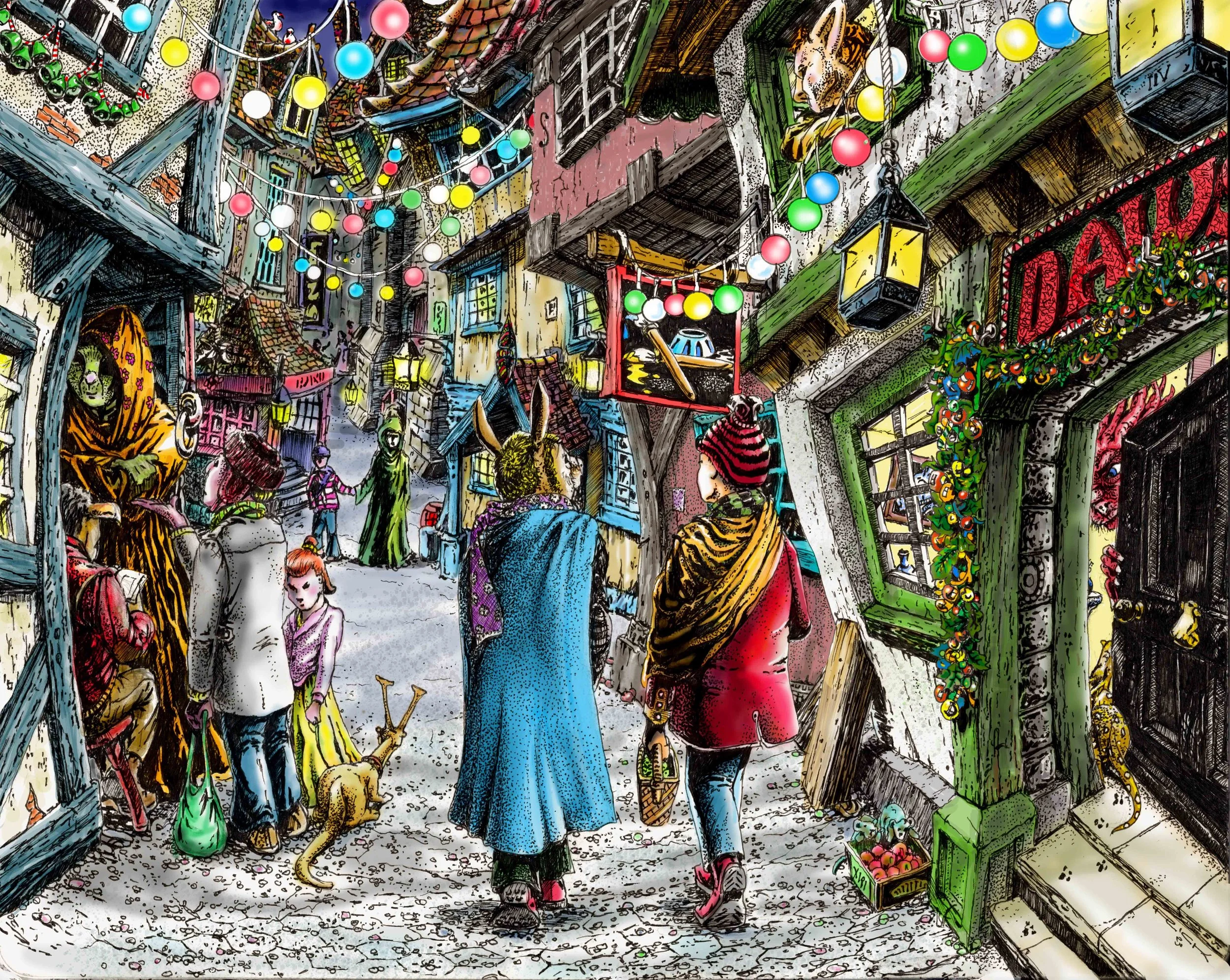 There was an air of excitement as the festival of lights decorations started to appear in  Dingle Bottom.  (Micron - ink, coloured Photoshop). code: DW056