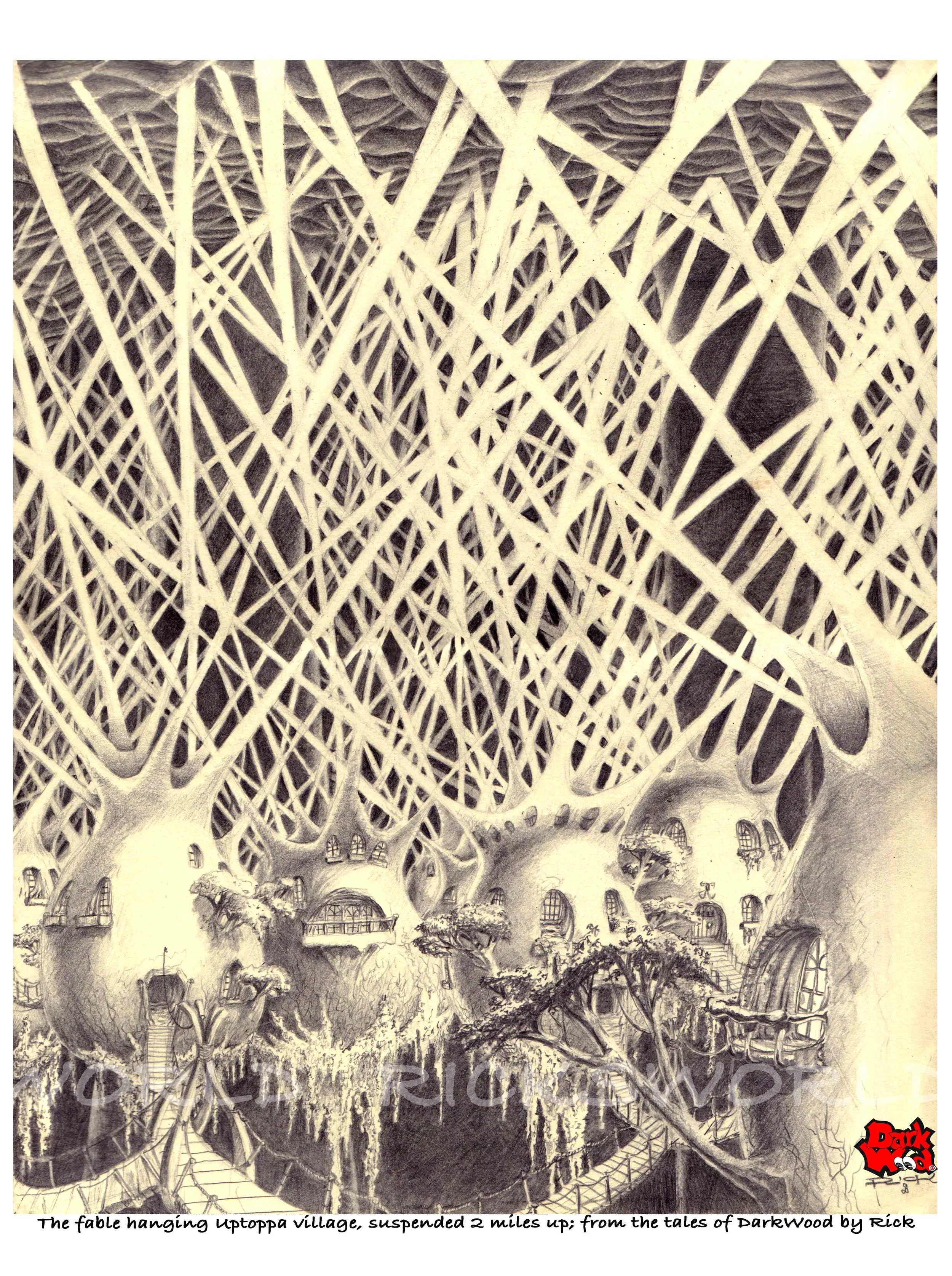 Suspended 2 miles up under the branches of the Tora Tress is the fable Uptoppa Village (Pencil). Code DW068