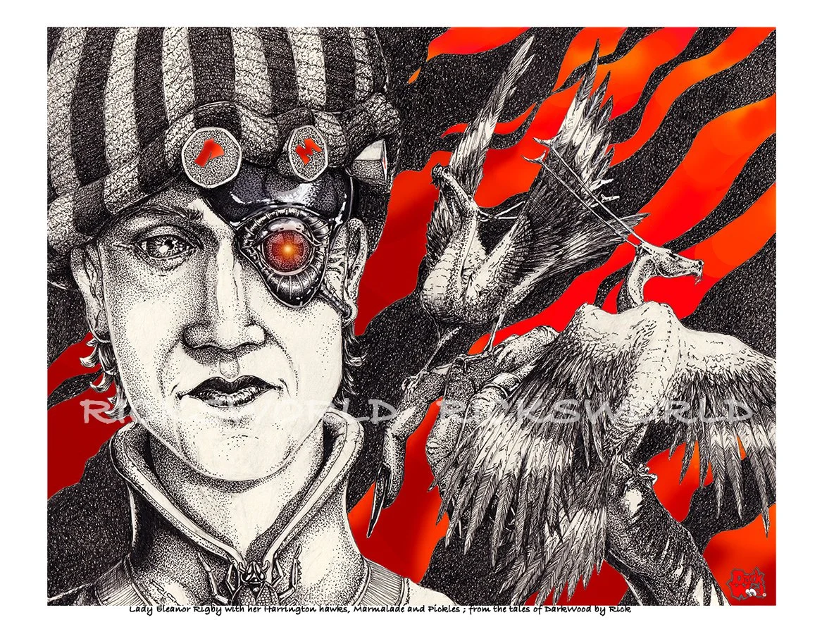 Lady Eleanor Rigby with her Harrington hawks, Marmalade and Pickles. They were vicious buggers, she’d lost an eye to one . (Micron - Ink, colour pop- Adobe Photoshop) Code DW086
