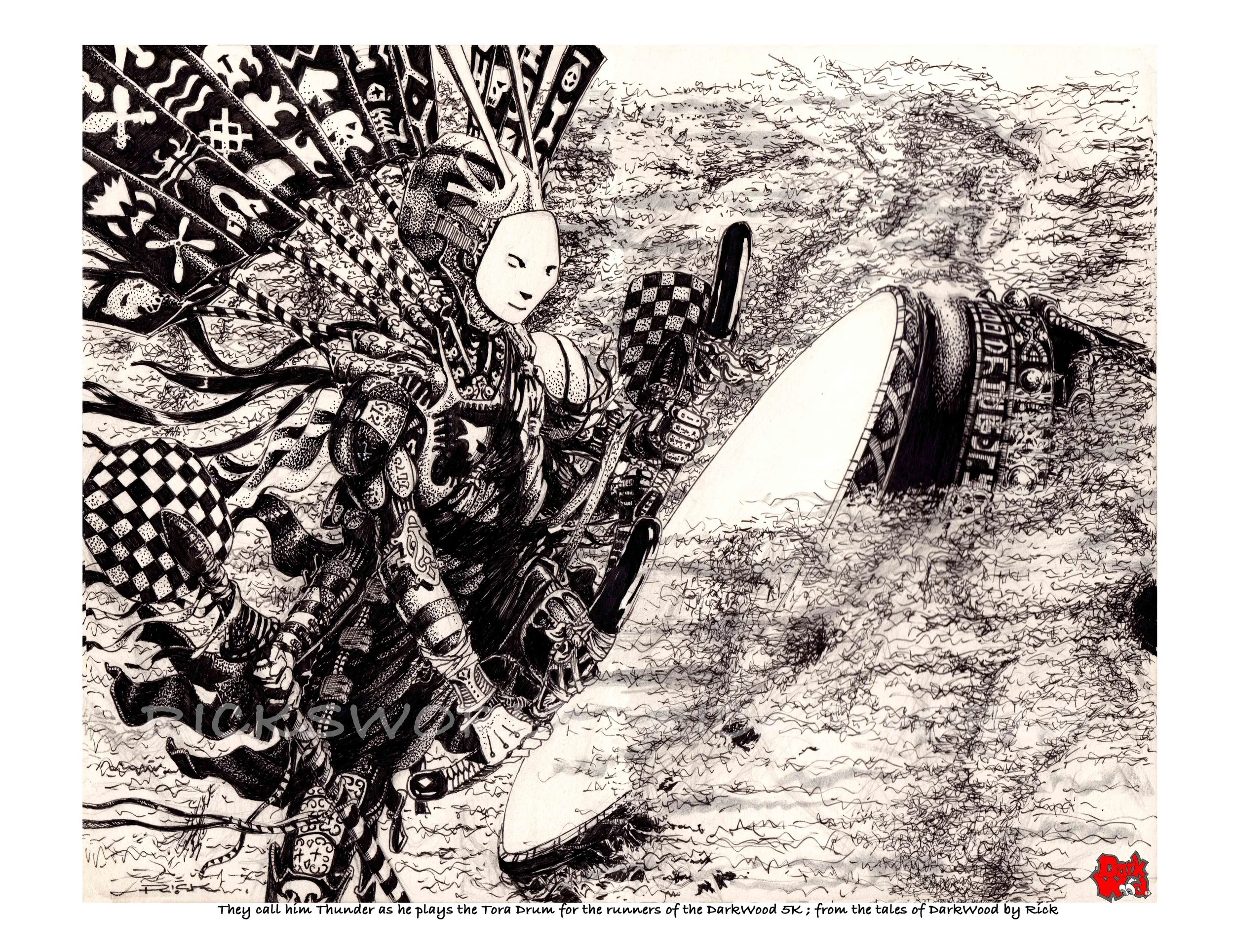 They call him Thunder as he plays the Tora Drum for the runners of the DarkWood 5K. (Micron - ink) code DW066