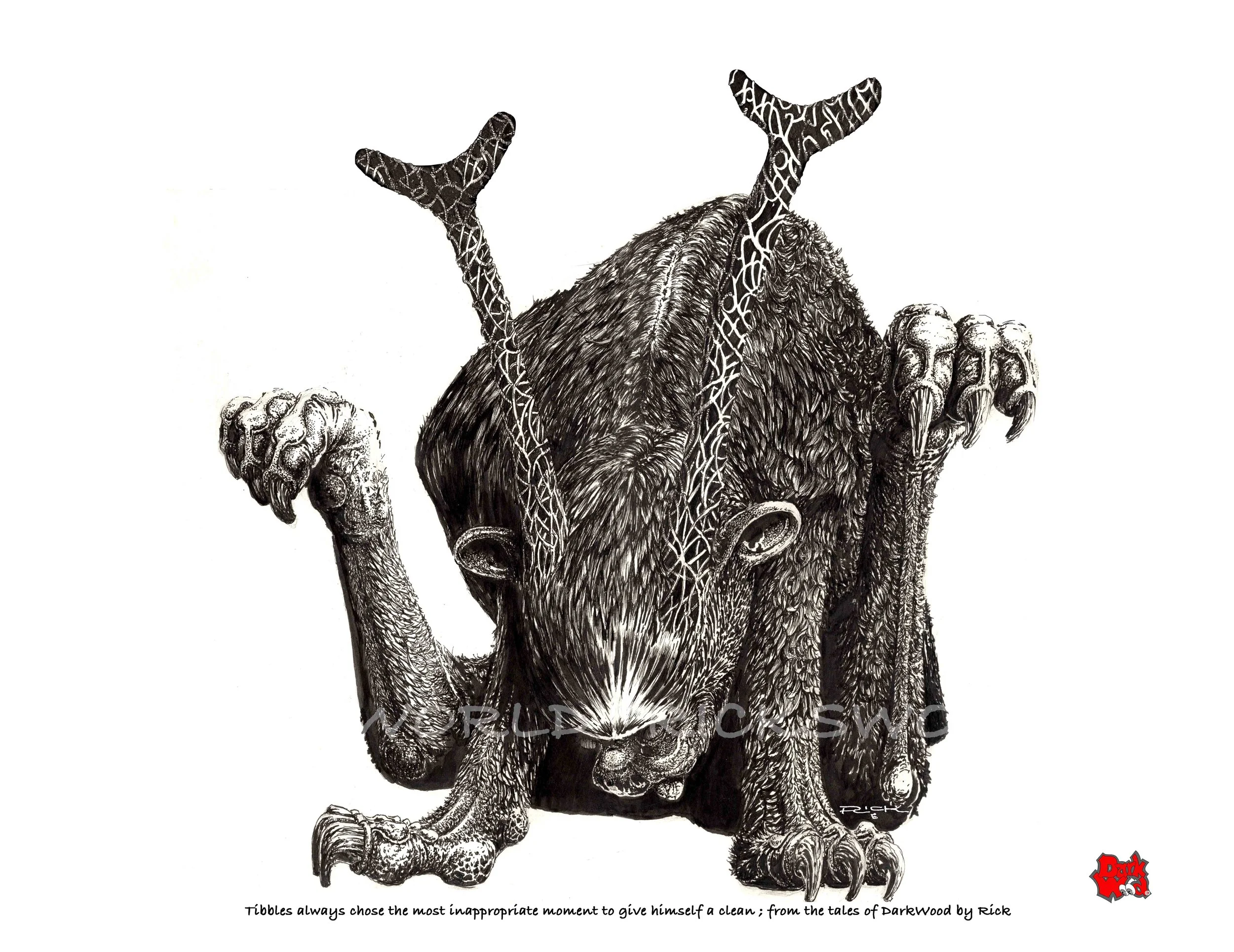 Tibbles always chose the most inappropriate moment to give himself a deep clean. (Micron - ink). code DW064