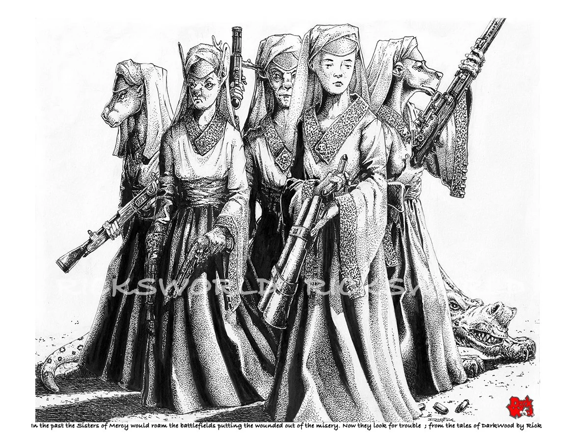 In the past the Sisters of Mercy would roam the battlefields putting the wounded out of the misery. Now they look for trouble. (Micron - Ink) Code DW088