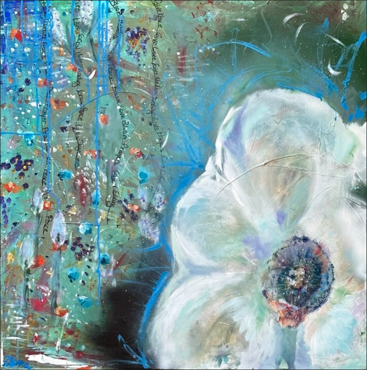 Image of white poppy on a canvas. Dana Dzurko painted the title is Peace