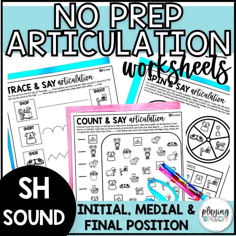 SH Sound Articulation Worksheets for Speech Therapy — Playing 