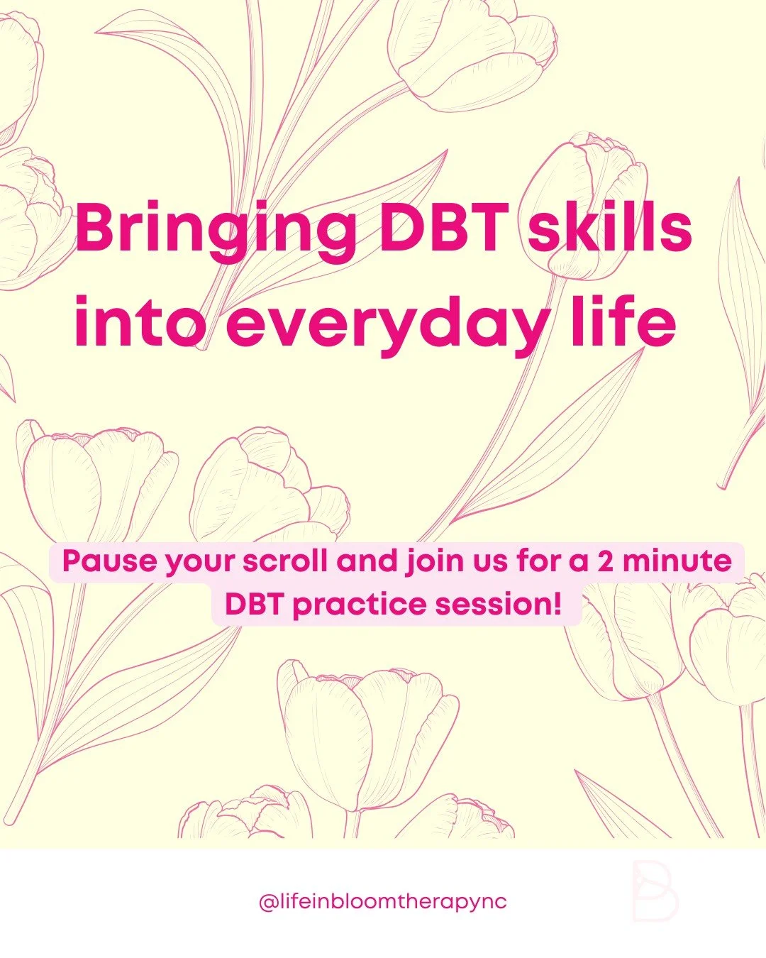 Join us for a quick 2 minute DBT practice session! 

💗 Distress Tolerance: Learn to navigate the "right now" without making it harder.

💗 Wise Mind: Find the calm center where your logic and your feelings meet.

💗 Effective Communication